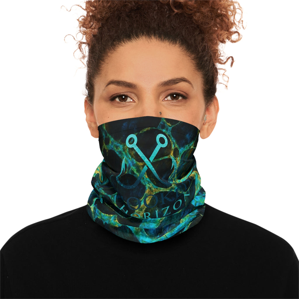 Teal & Turquoise Wave Pattern— Hooked Horizon Co. UV GaiterLightweight Neck Gaiter — 'Horizon' Blue Green Abstract Face Covering