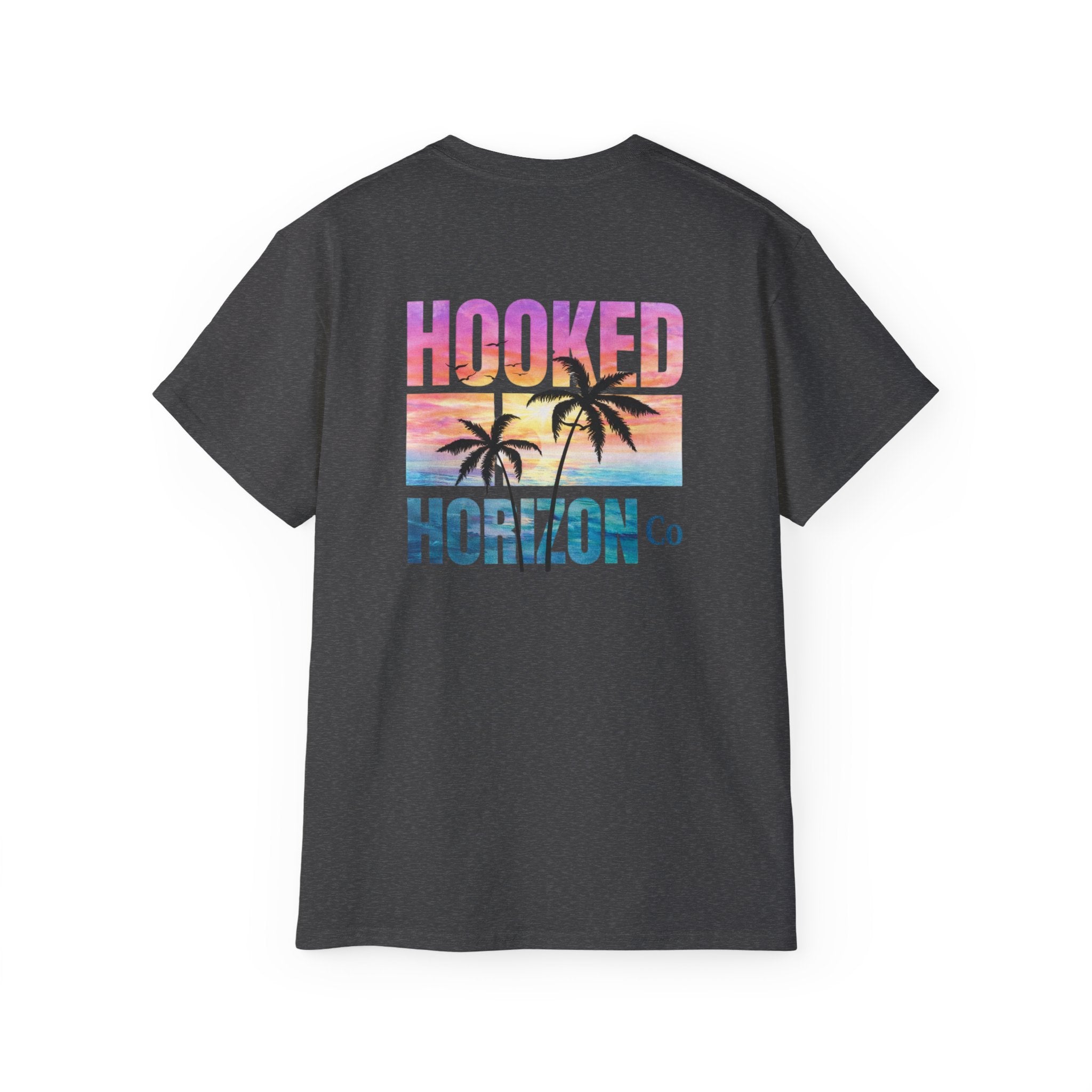 Sunset & Palm Tree T-Shirt — "Hooked" Boat & Horizon Graphic Tee, Multiple Color Variations