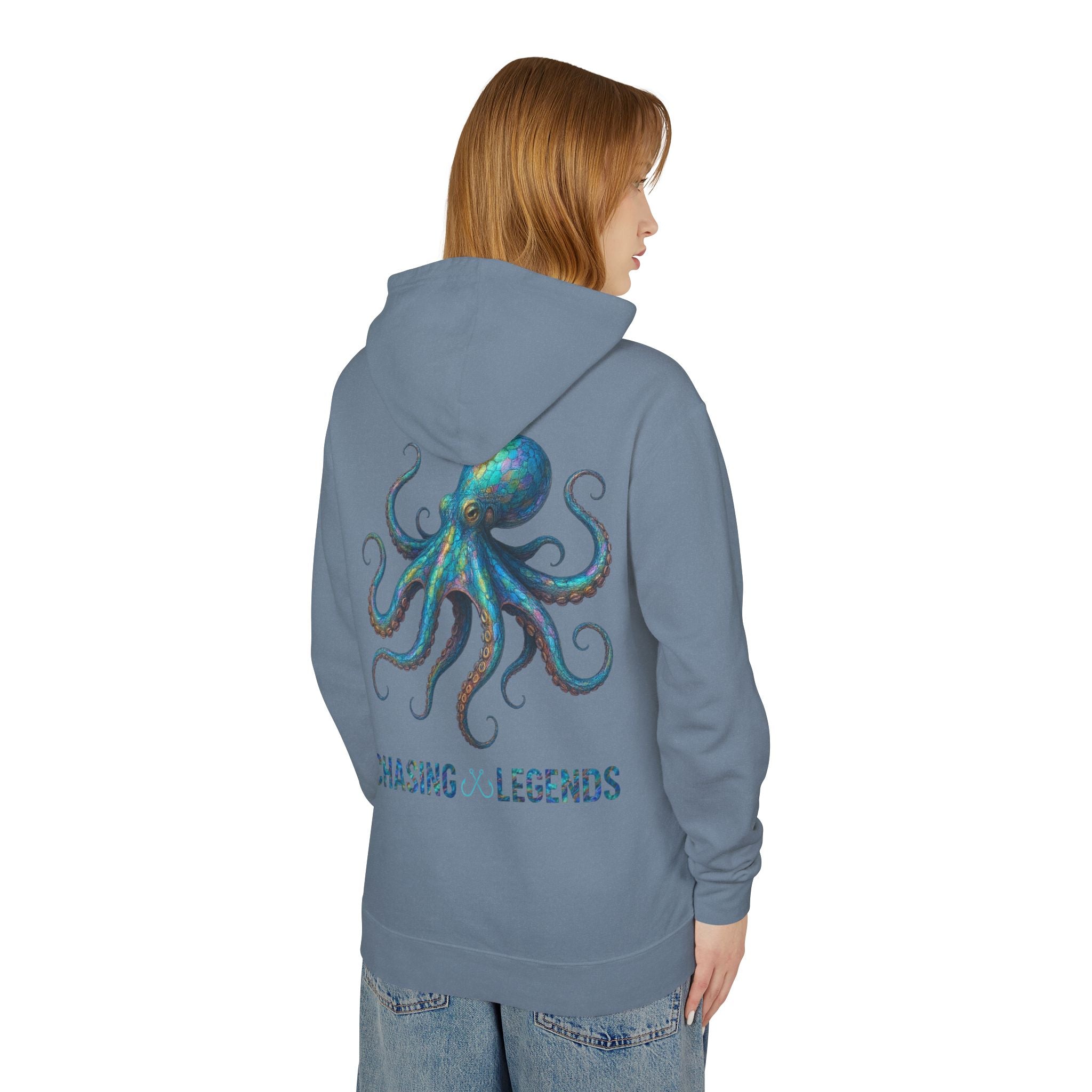 Chasing Legends Octopus Hoodie — Hooked Horizon Co Unisex Lightweight Hoodie with Deep Drift Design | Perfect for Fishermen, Beach Lovers, Casual Outings, Gift for Him/Her, Nautical Style,  Ocean Lover Gifts
