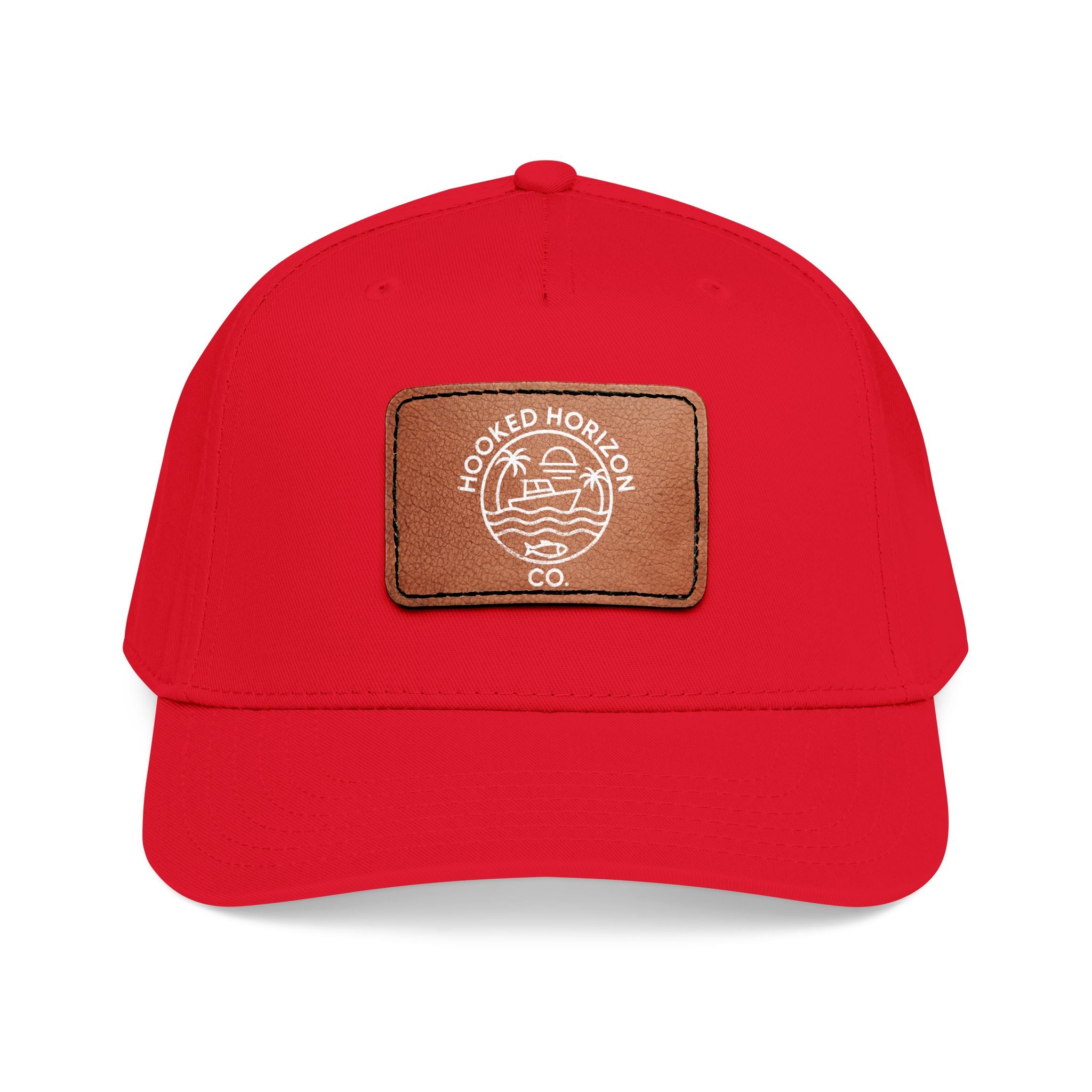 Hooked Horizon Co. 80s Inspired Logo–Leather Patch Baseball Cap — Hooked Horizon Co. Fishing Boat, Multiple Color Variations