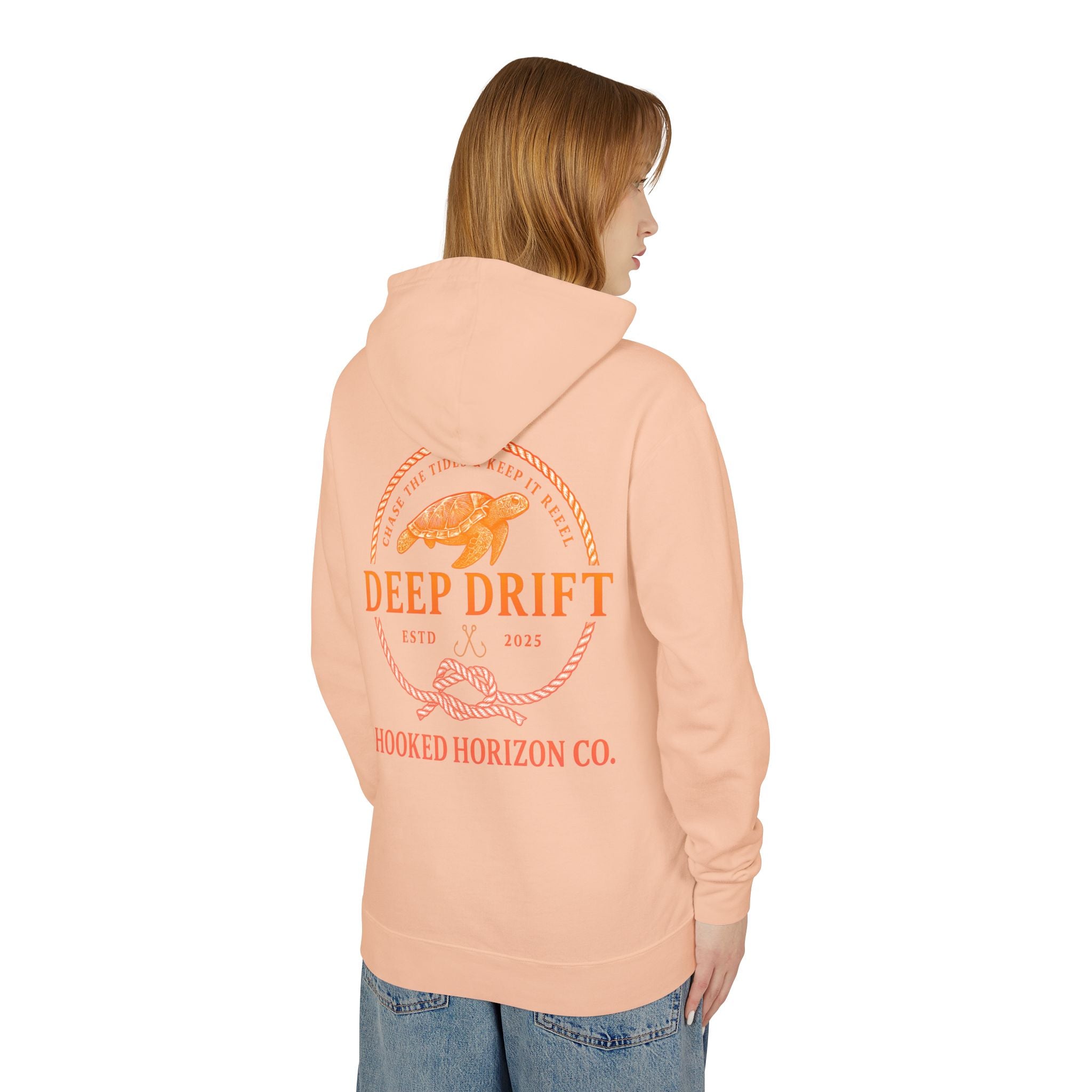 Orange Hooked Horizon Co Unisex Lightweight Hoodie with Deep Drift Design | Perfect for Fishermen, Beach Lovers, Casual Outings, Gift for Him/Her, Nautical Style,  Ocean Lover Gifts