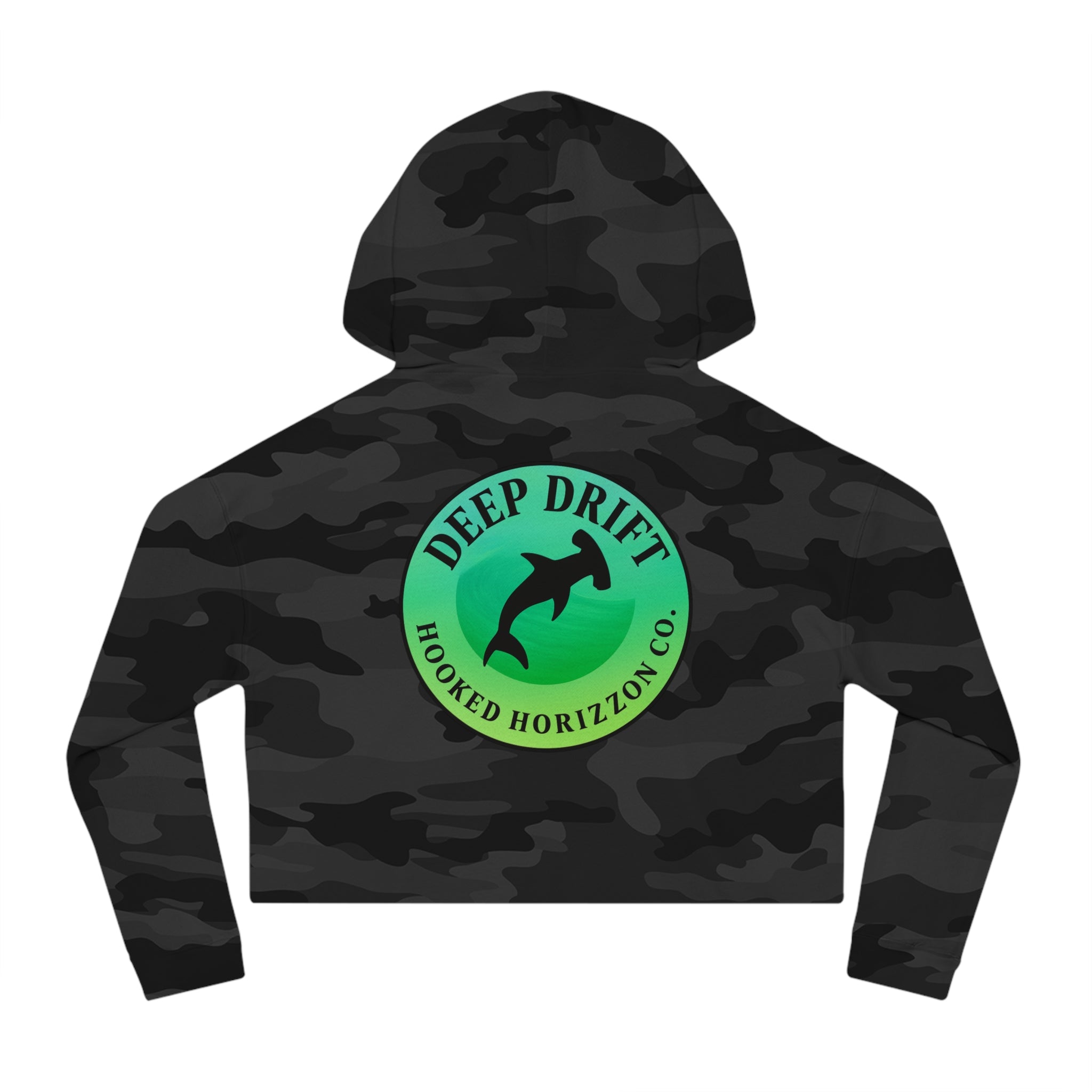 Green Hammer Head Shark Cropped Hoodie — "Deep Drift on the Water" Fishing Graphic