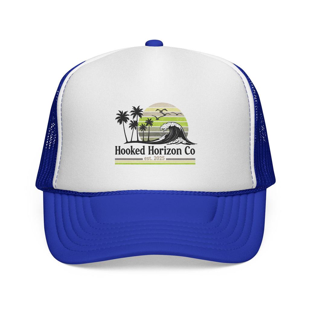 Hooked Horizon Co.  Sunset & Palm Tree 90s Inspired Trucker Cap — Outdoor & Beach Hat Ocean Conservation Gifts For Him & Her