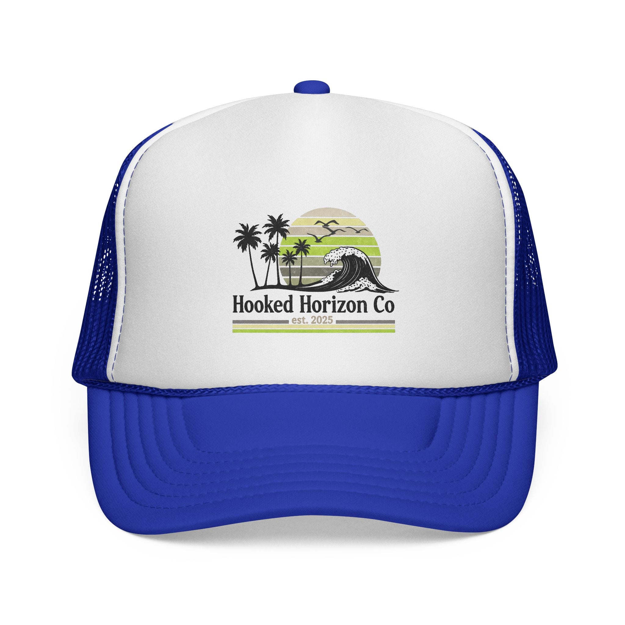 Hooked Horizon Co.  Sunset & Palm Tree 90s Inspired Trucker Cap — Outdoor & Beach Hat Ocean Conservation Gifts For Him & Her