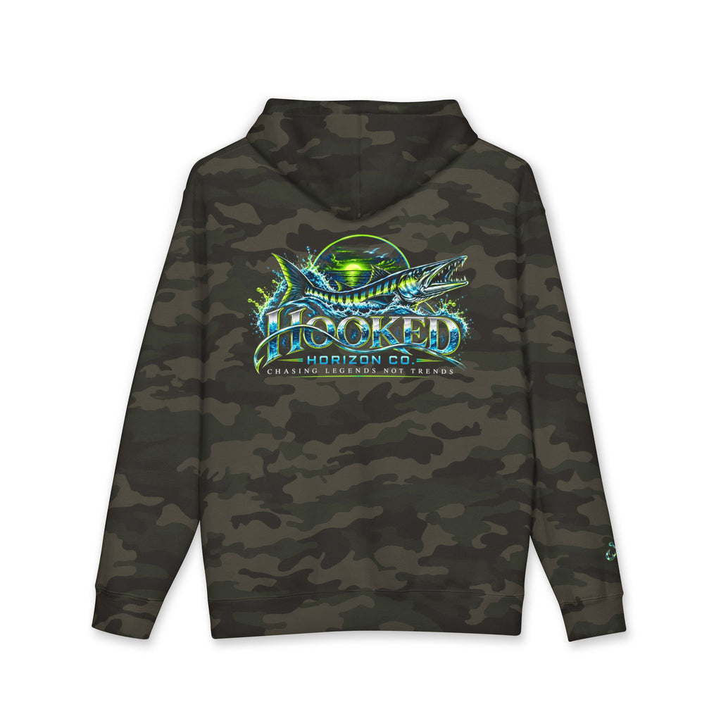 Barracuda Like Green Logo Hoodie—Hooked Horizon Co. — Fishing Back Graphic Hoodie, Multiple Color Variations