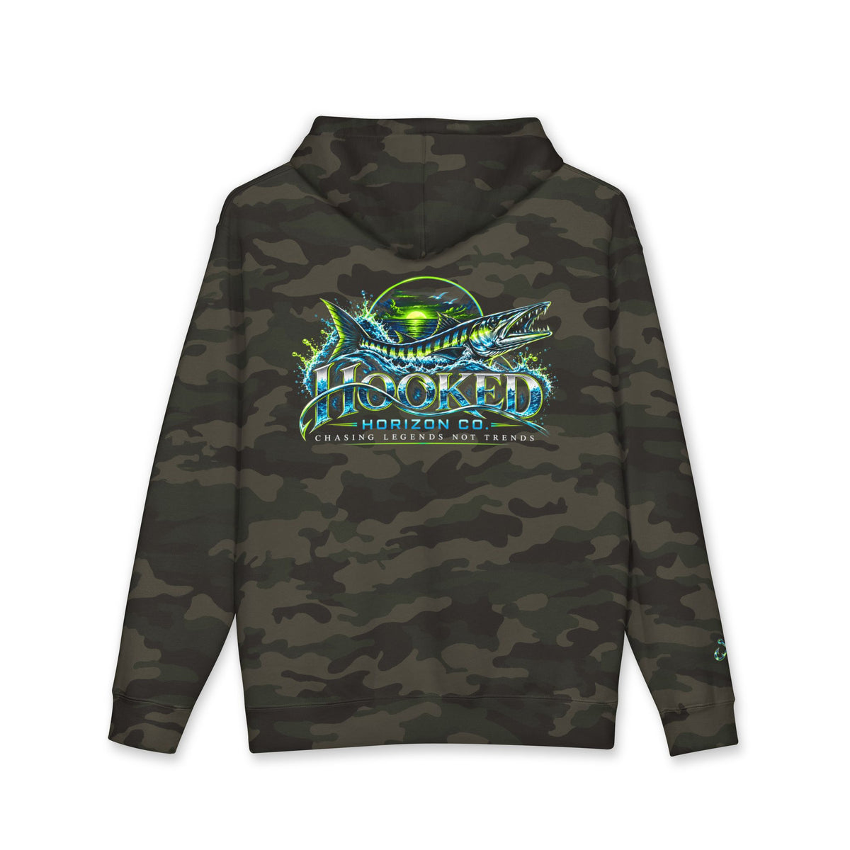Barracuda Like Green Logo Hoodie—Hooked Horizon Co. — Fishing Back Graphic Hoodie, Multiple Color Variations