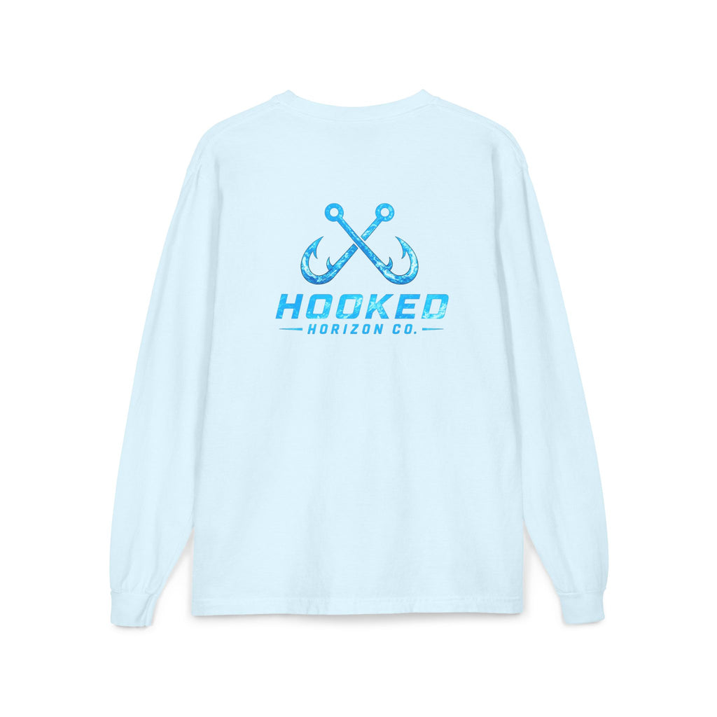 Bright Blue Hooked Horizon Co.  Classic Logo Unisex Long Sleeve Pocket T-Shirt