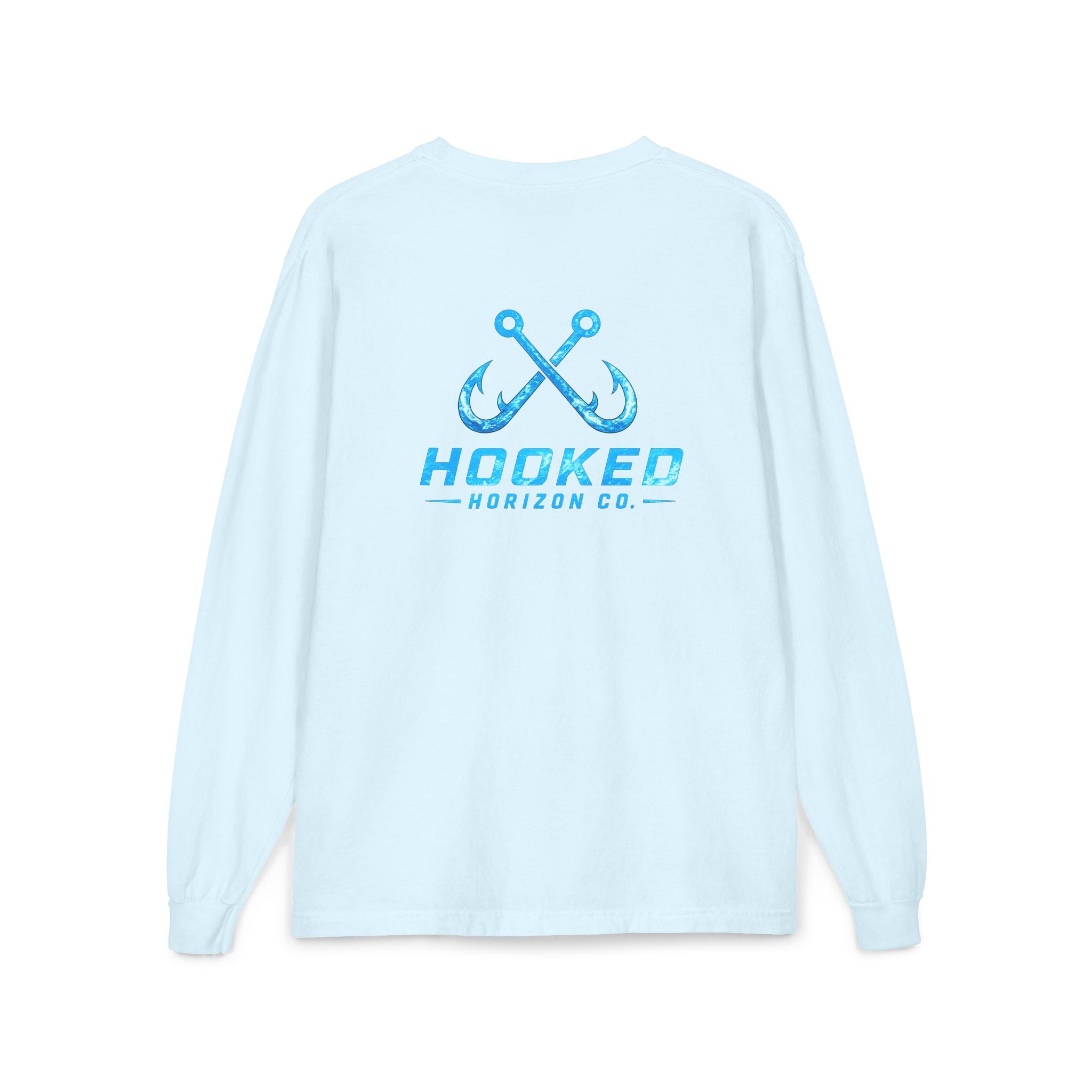 Bright Blue Hooked Horizon Co.  Classic Logo Unisex Long Sleeve Pocket T-Shirt