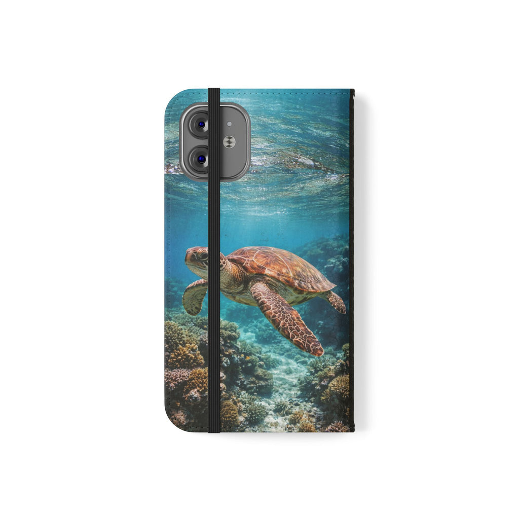 Turtle Hooked Horizon Co Flip Phone Case — Turquoise Water Pattern Wallet Cover