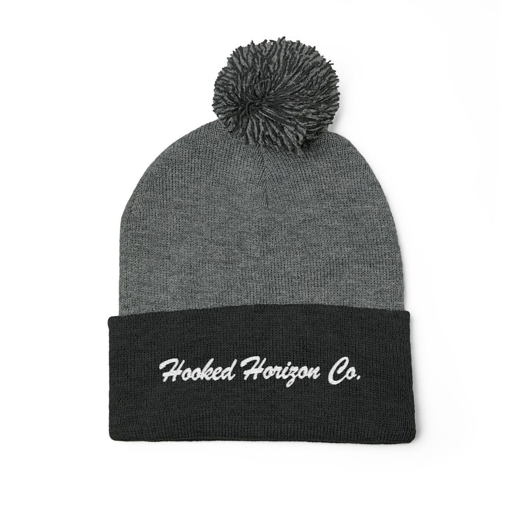 Hooked Horizon Co. Embroidered Pom-Pom Knit Cap — Cozy Grey Beanie with Multiple Color Variations