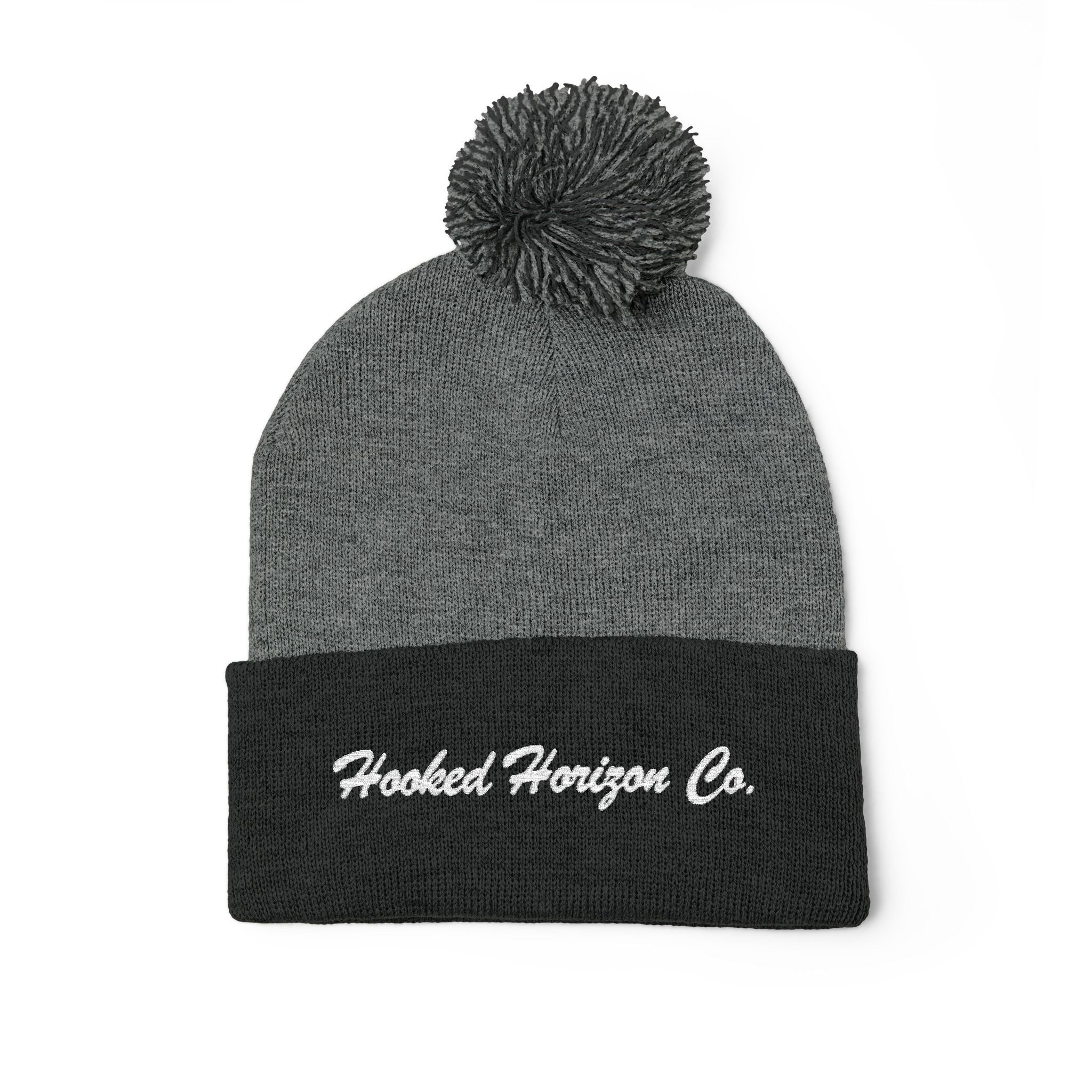 Hooked Horizon Co. Embroidered Pom-Pom Knit Cap — Cozy Grey Beanie with Multiple Color Variations