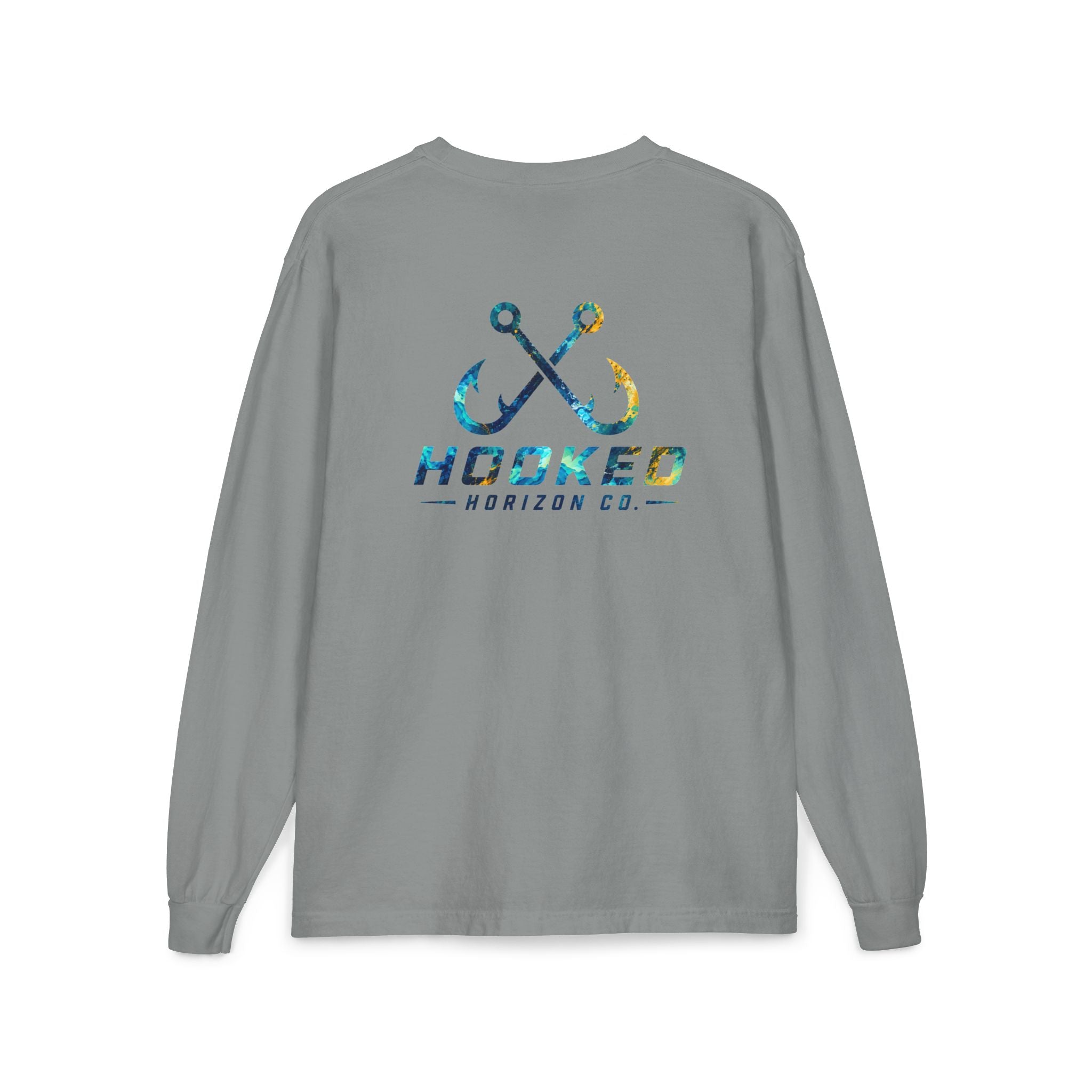 Blue & Gold Hooked Horizon Co.  Classic Logo Unisex Long Sleeve Pocket T-Shirt