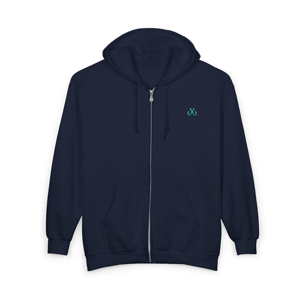 Hooked Horizon Co. Sunset & Palm Tree 90s Inspired Vacation Zip Hoodie - Tropical Palm Sunset Fishing Hoodie,  Multiple Color Variations