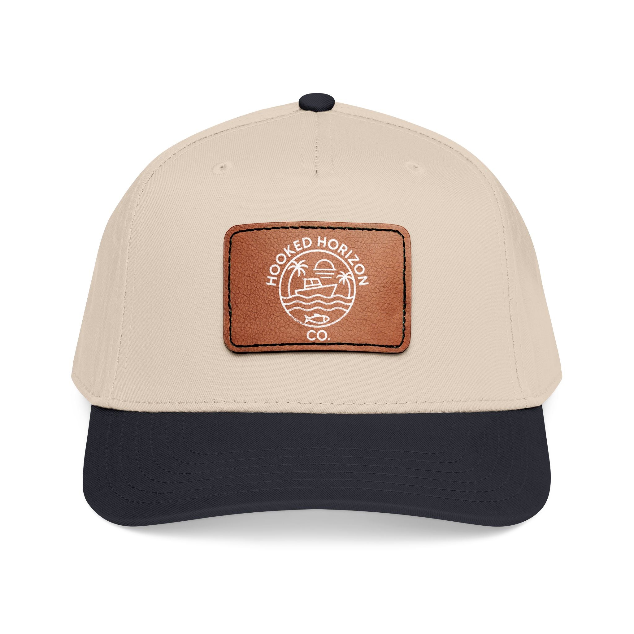 Hooked Horizon Co. 80s Inspired Logo–Leather Patch Baseball Cap — Hooked Horizon Co. Fishing Boat, Multiple Color Variations