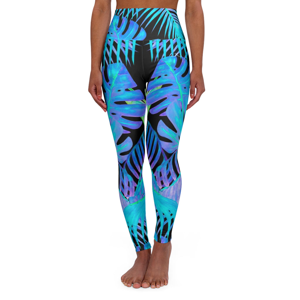 Tropical Blue Feather High-Waisted Yoga Leggings — Hooked Horizon Co. Comfortable Activewear, Fitness Pants, Ideal for Gym, Yoga, and Weekend Brunch
