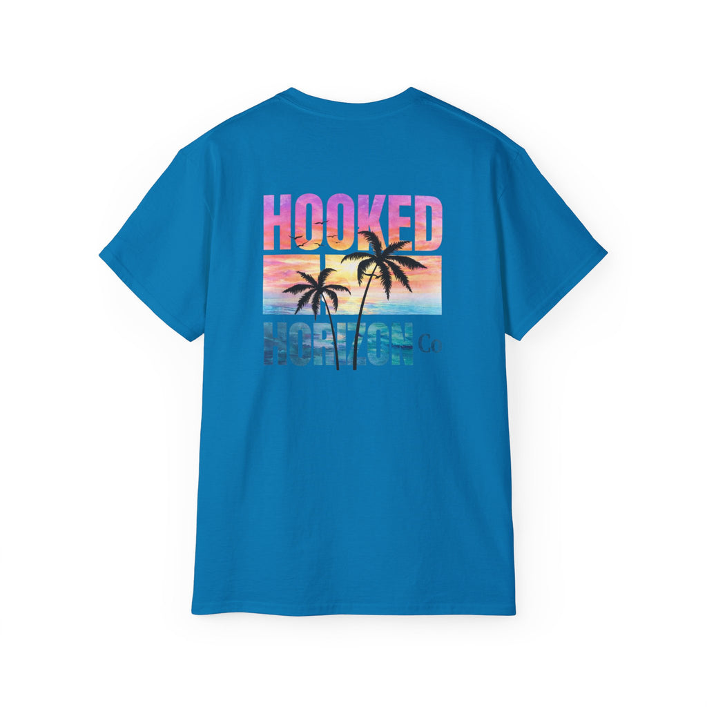 Sunset & Palm Tree T-Shirt — "Hooked" Boat & Horizon Graphic Tee, Multiple Color Variations