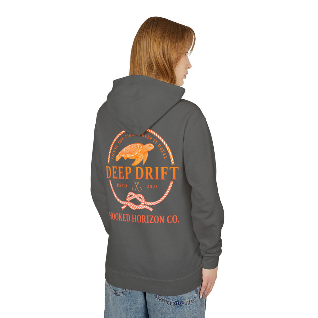Orange Hooked Horizon Co Unisex Lightweight Hoodie with Deep Drift Design | Perfect for Fishermen, Beach Lovers, Casual Outings, Gift for Him/Her, Nautical Style,  Ocean Lover Gifts