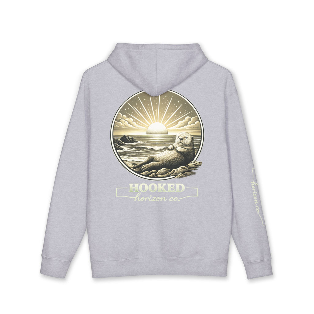 Sea Otter & Sunset Hoodie Hooked Horizon Co. — Minimal Fishing Back Graphic Hoodie, Multiple Color Variations