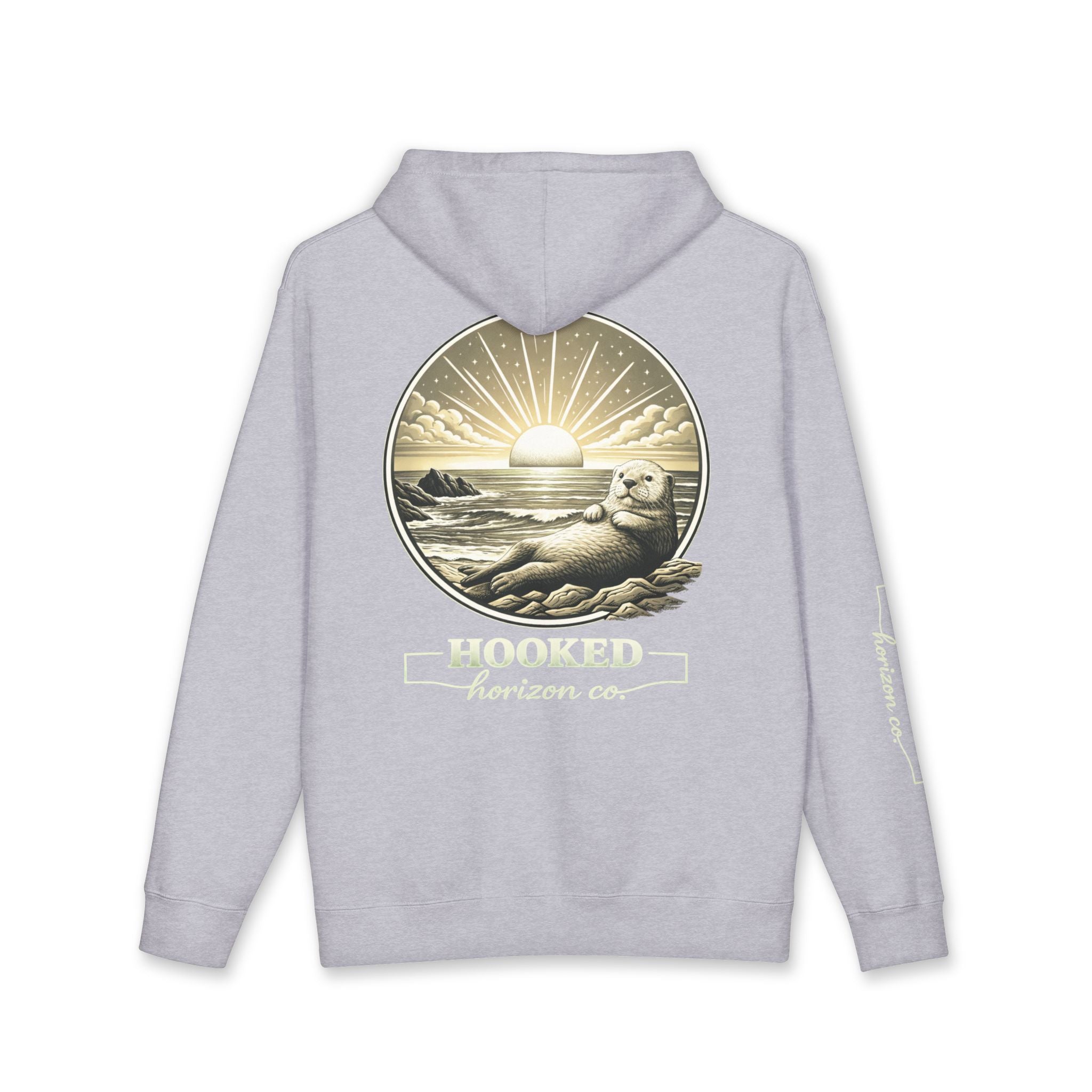 Sea Otter & Sunset Hoodie Hooked Horizon Co. — Minimal Fishing Back Graphic Hoodie, Multiple Color Variations