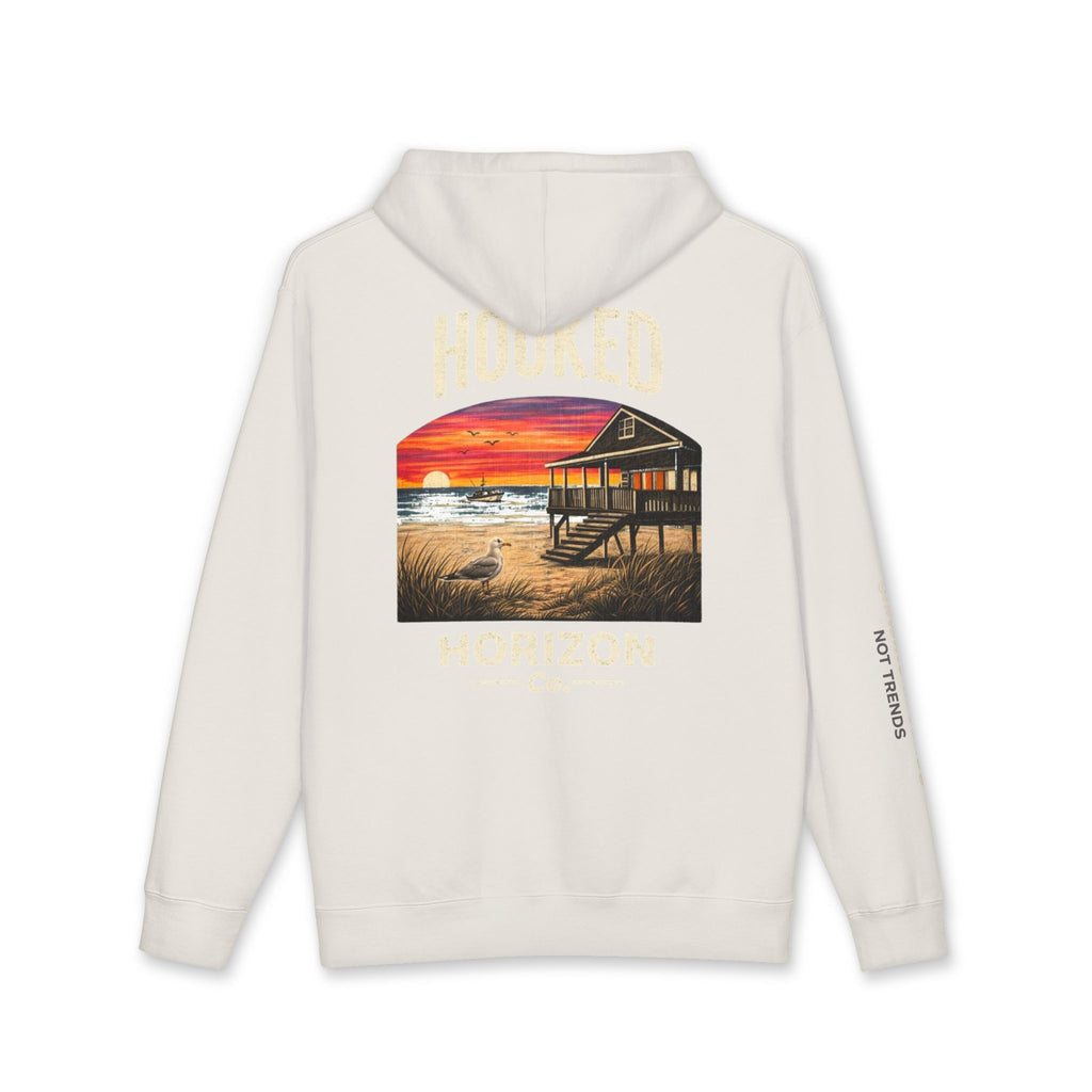 Seagull & Red Sunset Hoodie Hooked Horizon Co. — Minimal Fishing Back Graphic Hoodie, Multiple Color Variations