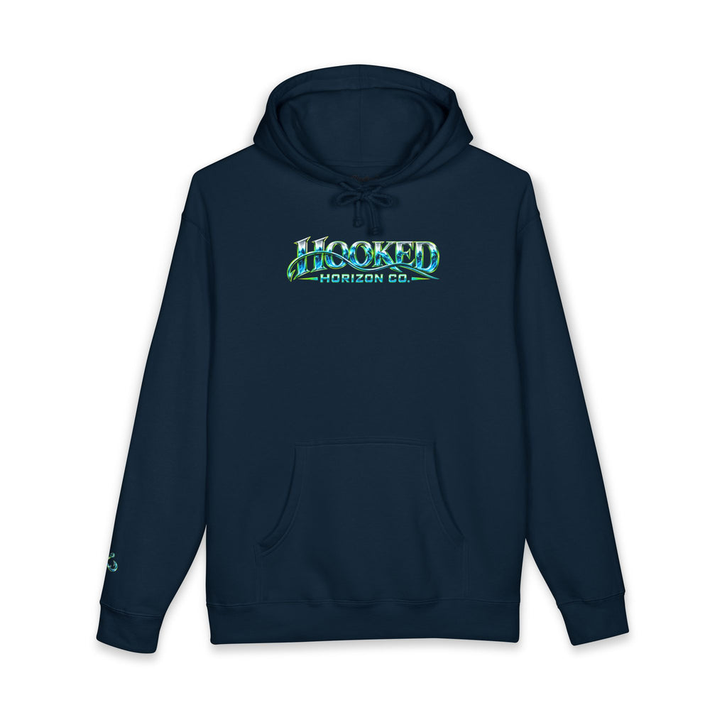 Barracuda Like Green Logo Hoodie—Hooked Horizon Co. — Fishing Back Graphic Hoodie, Multiple Color Variations