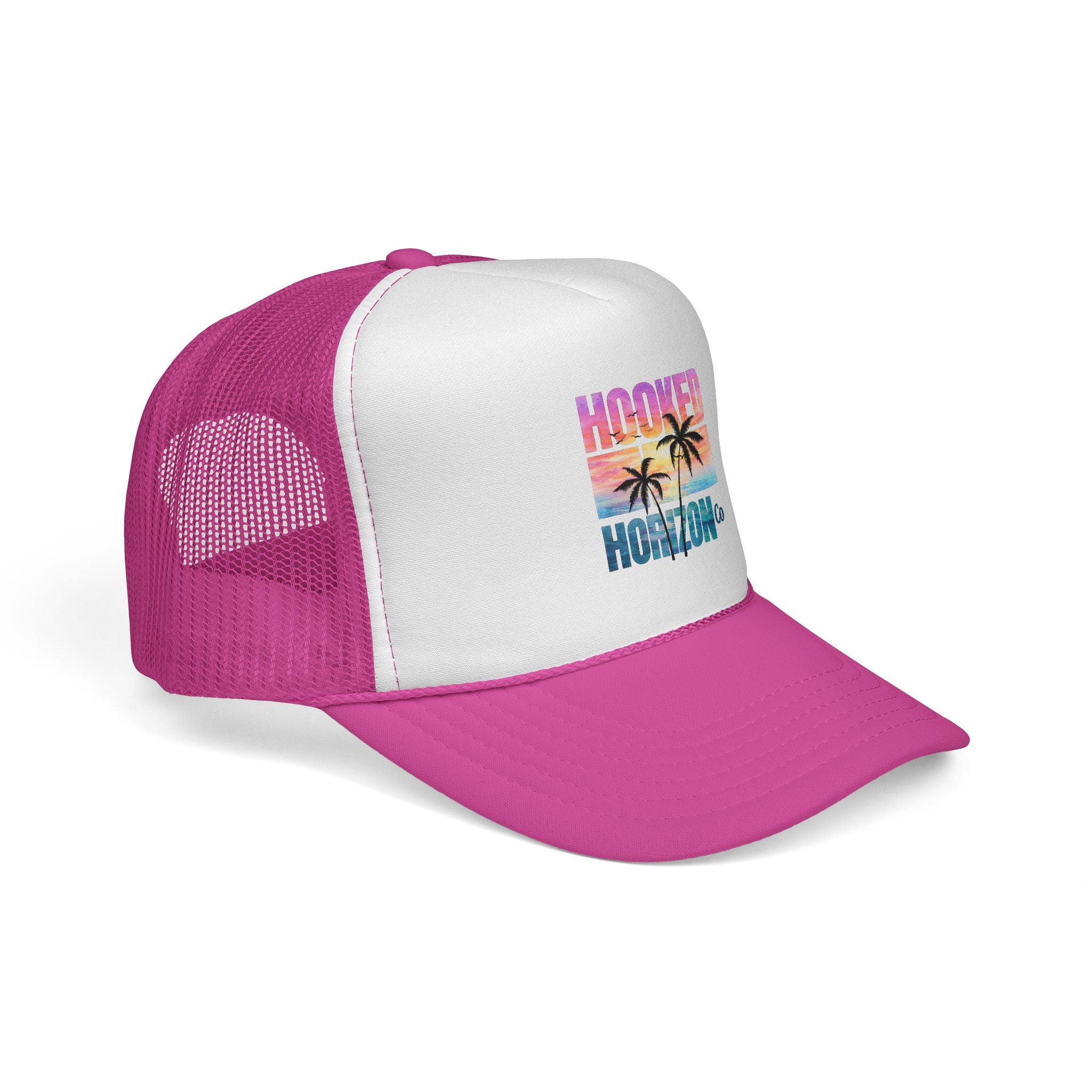 Hooked Horizon Co.  Sunset & Palm Tree 90s Inspired Trucker Cap — Outdoor & Beach Hat Ocean Conservation Gifts For Him & Her