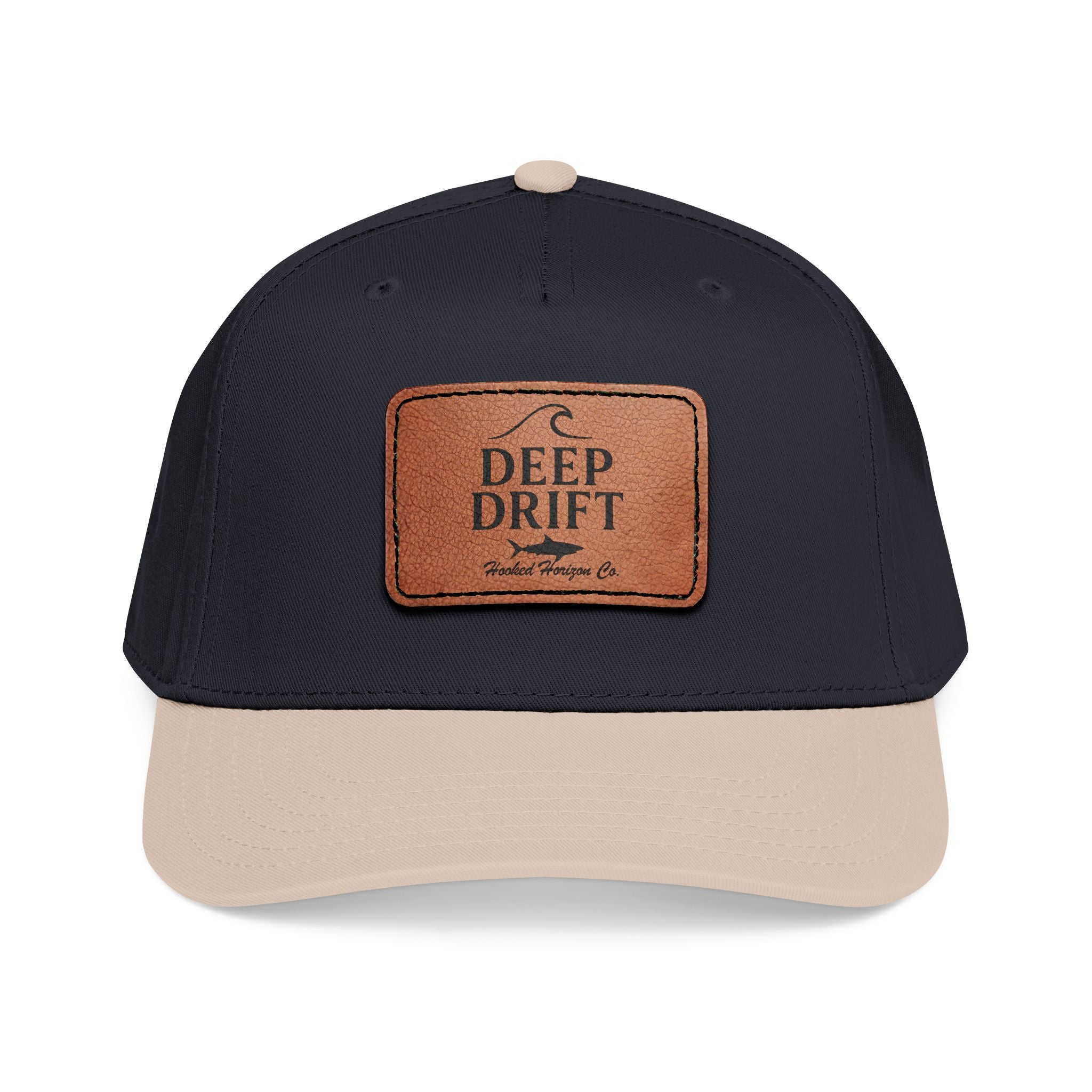 "Deep Drift" Shark Wave Leather Patch Baseball Cap — Hooked Horizon Co. Ocean Wave Logo, Multiple Color Variations