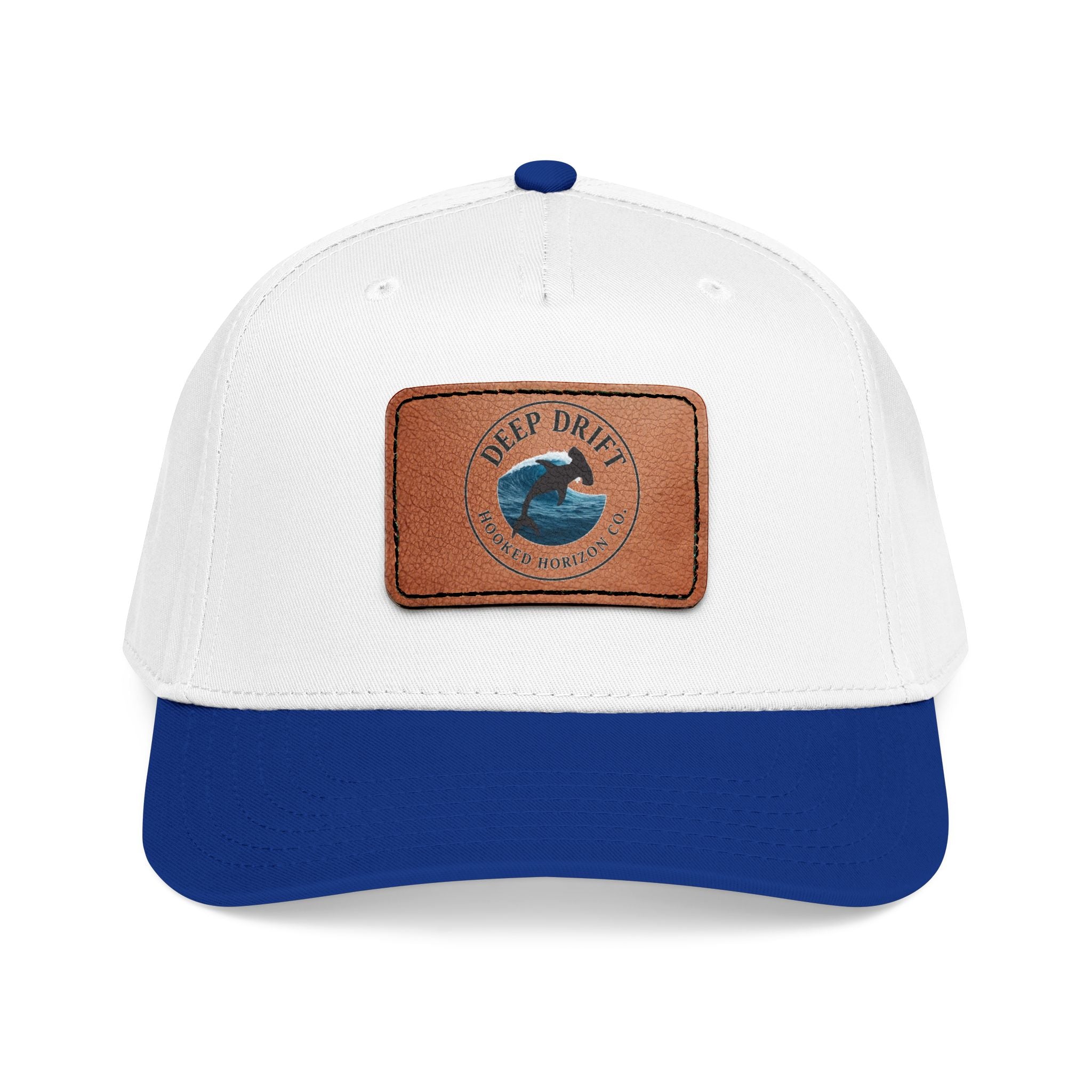 Deep Drift Leather Patch Baseball Cap — Hooked Horizon Co. Ocean Wave Logo, Multiple Color Variations