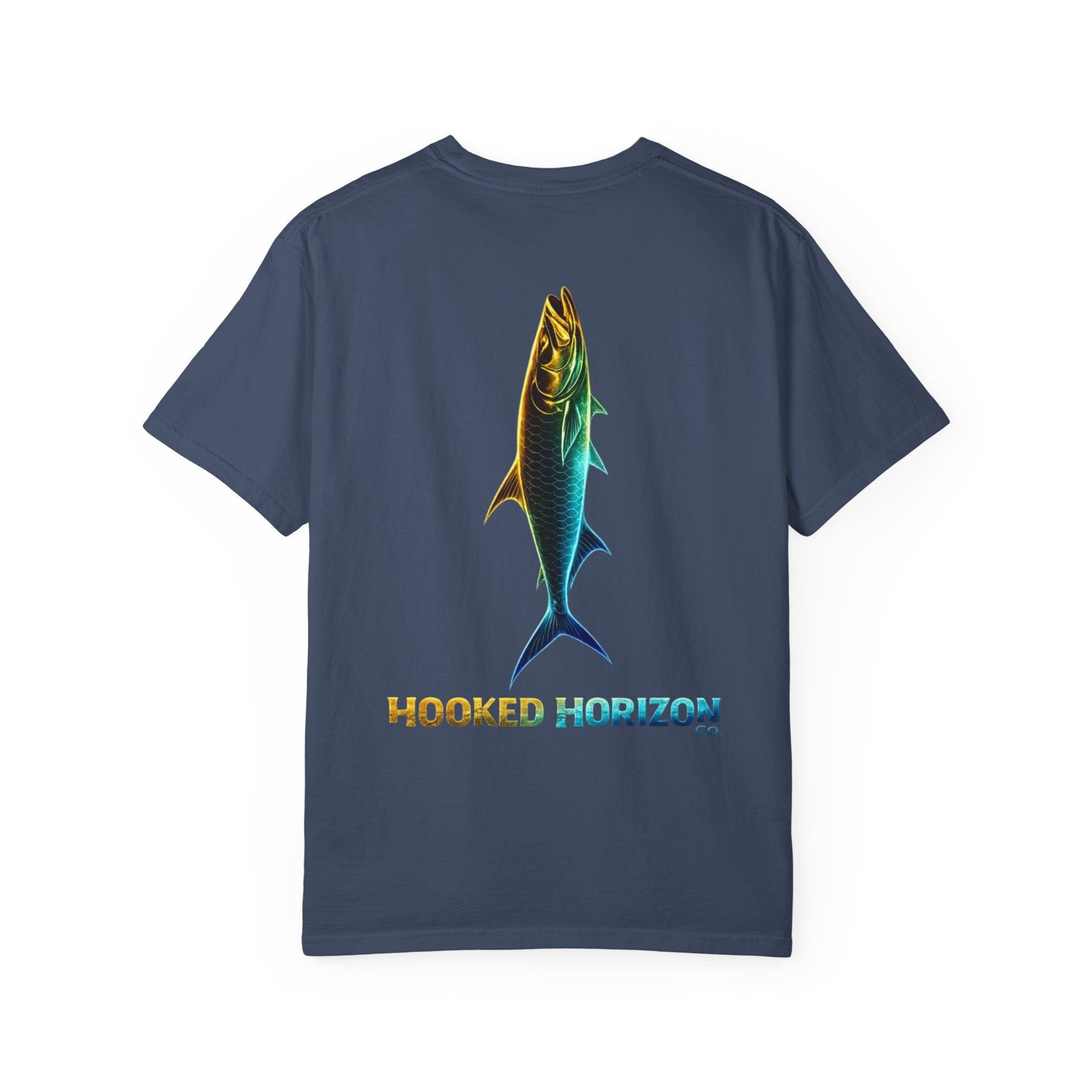 Gold & Blue Tarpon Hooked Horizon Co. — Deep Drift Fishing Graphicishing Tee for Angler Lovers, Shark Lovers, Ocean Tee