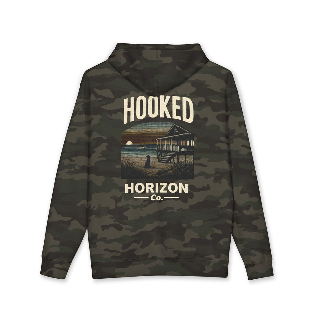 Dog & Sunset Hoodie Hooked Horizon Co. — Minimal Fishing Back Graphic Hoodie, Multiple Color Variations