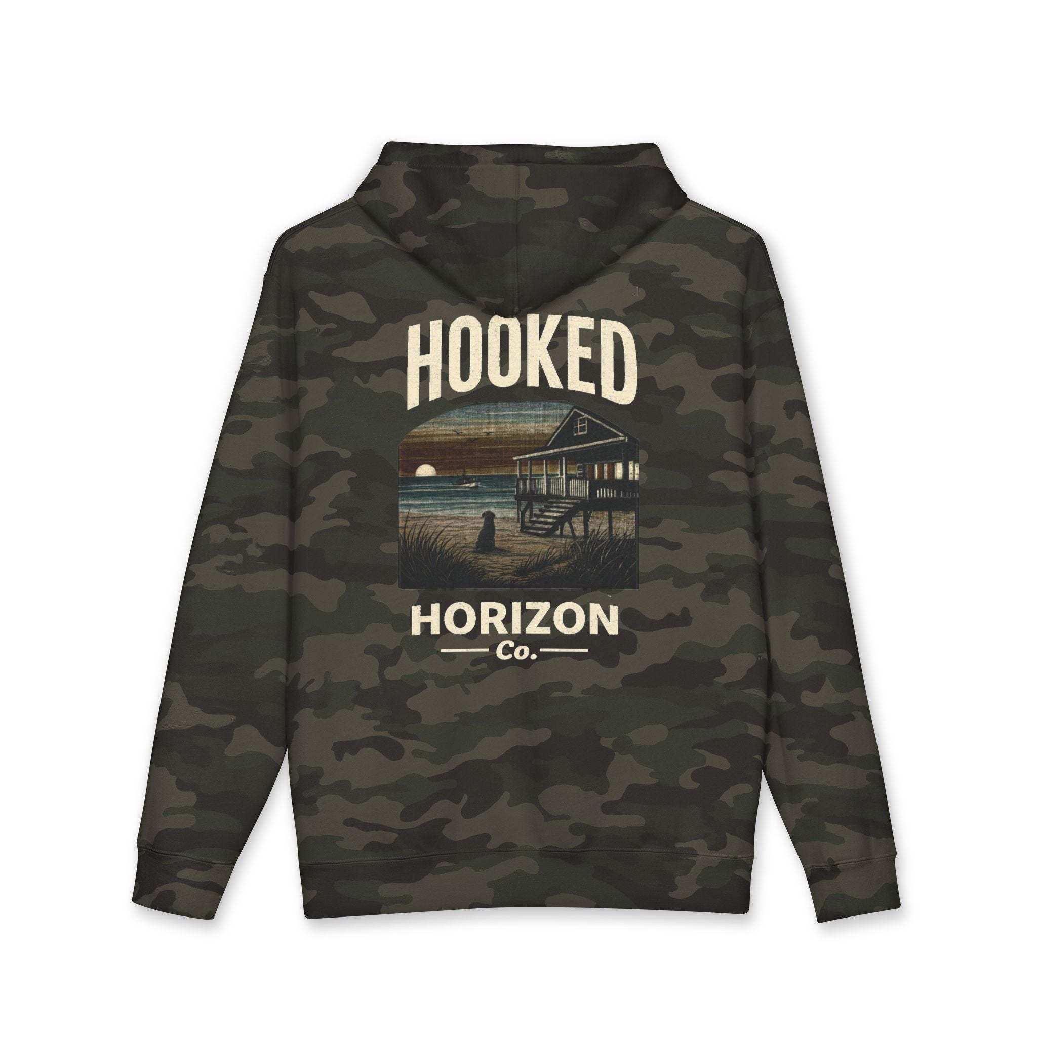 Dog & Sunset Hoodie Hooked Horizon Co. — Minimal Fishing Back Graphic Hoodie, Multiple Color Variations
