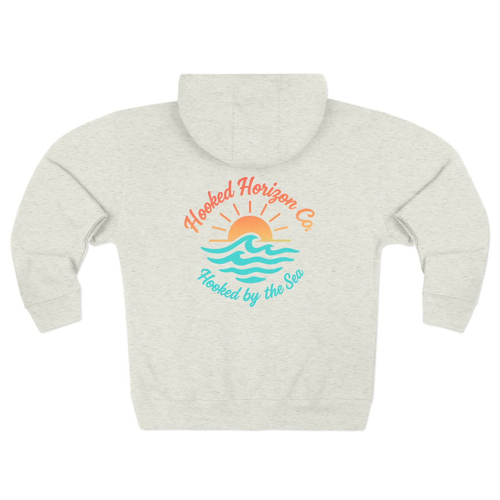 Wave & Sun Deep Drift– "Hooked By The Sea" Hooked Horizon Co. Unisex Zip Hoodie for Ocean Lovers, Nautical Fashion, Cool Weather Gear, Everyday Comfort, Perfect Gift