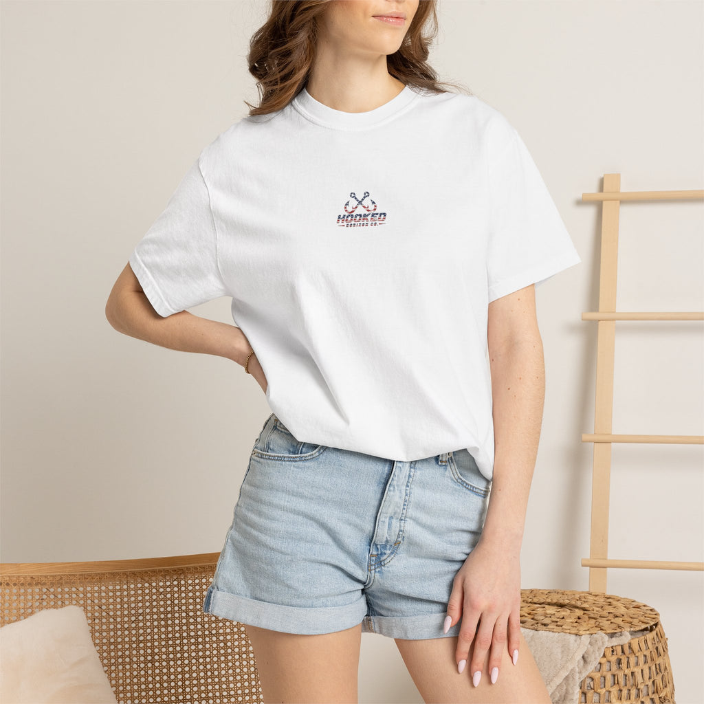 USA Shark Flag T-Shirt — "Hooked Horizon Co." American Fishing Graphic Tee