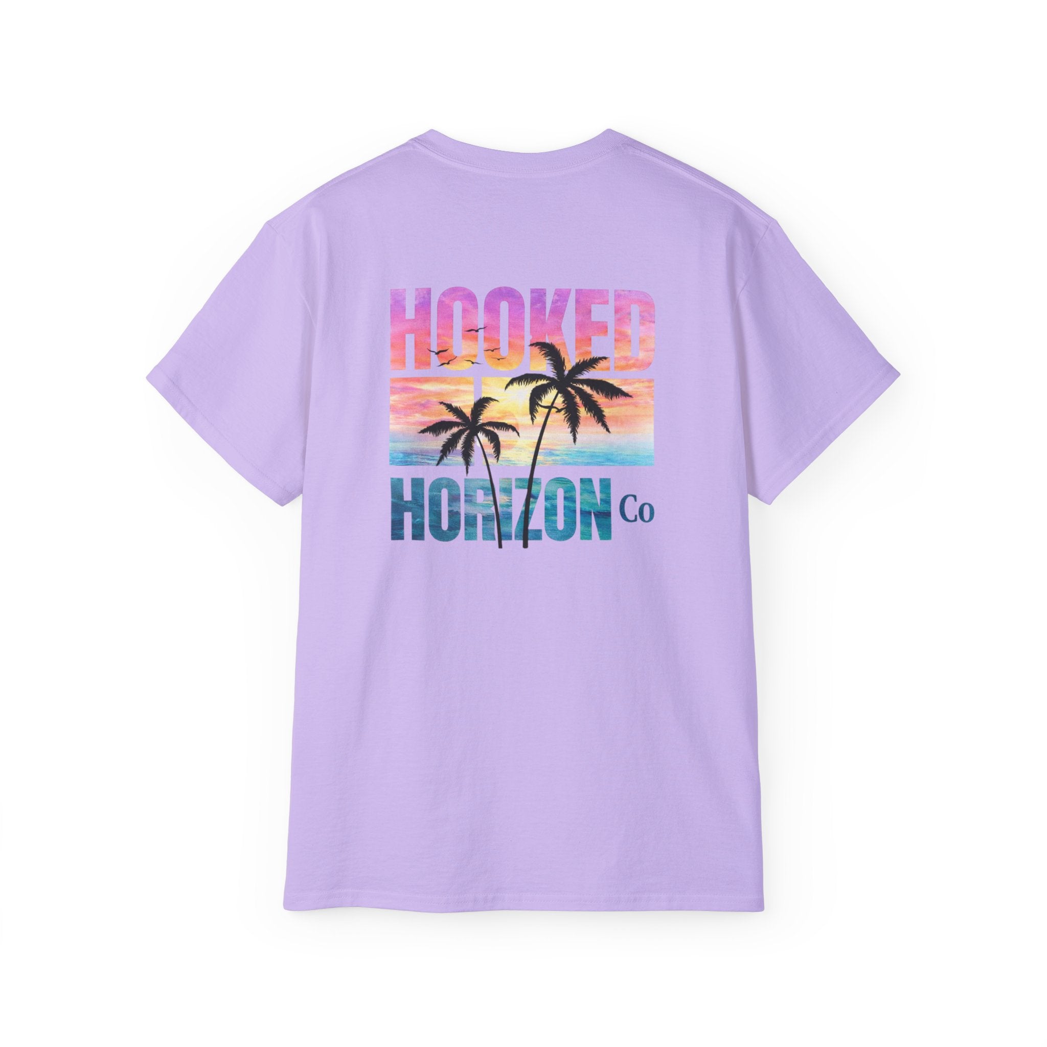 Sunset & Palm Tree T-Shirt — "Hooked" Boat & Horizon Graphic Tee, Multiple Color Variations