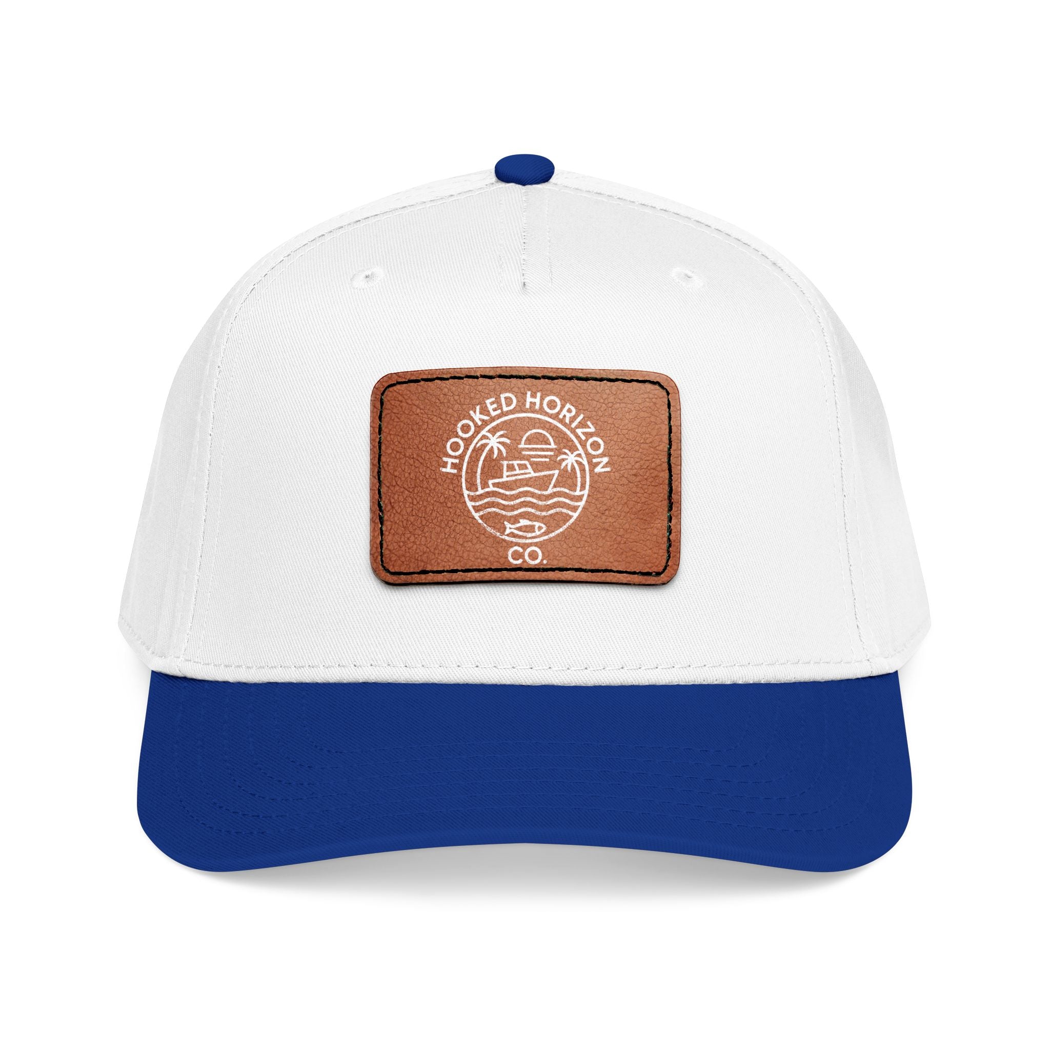 Hooked Horizon Co. 80s Inspired Logo–Leather Patch Baseball Cap — Hooked Horizon Co. Fishing Boat, Multiple Color Variations