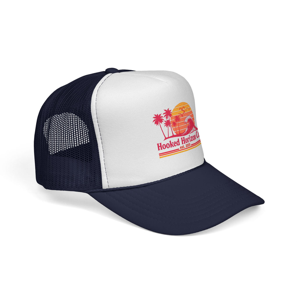 Hooked Horizon Co.  Wave, Sunset & Palm Tree 90s Inspired Trucker Cap — Outdoor & Beach Hat Ocean Conservation Gifts For Him & Her