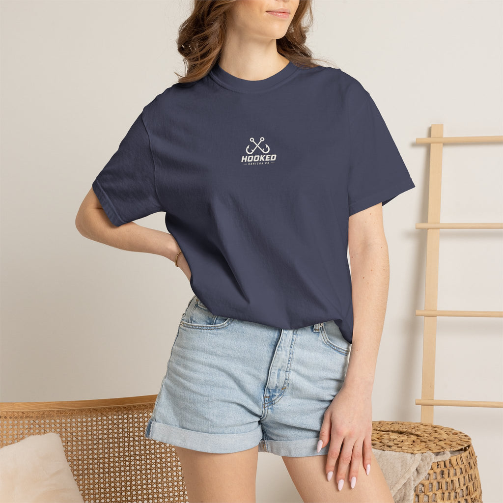 USA Triple Shark Hooked Horizon Co. — "Chasing Legends" Deep Drift Fishing Graphicishing Tee for Angler Lovers, Shark Lovers, Ocean Tee