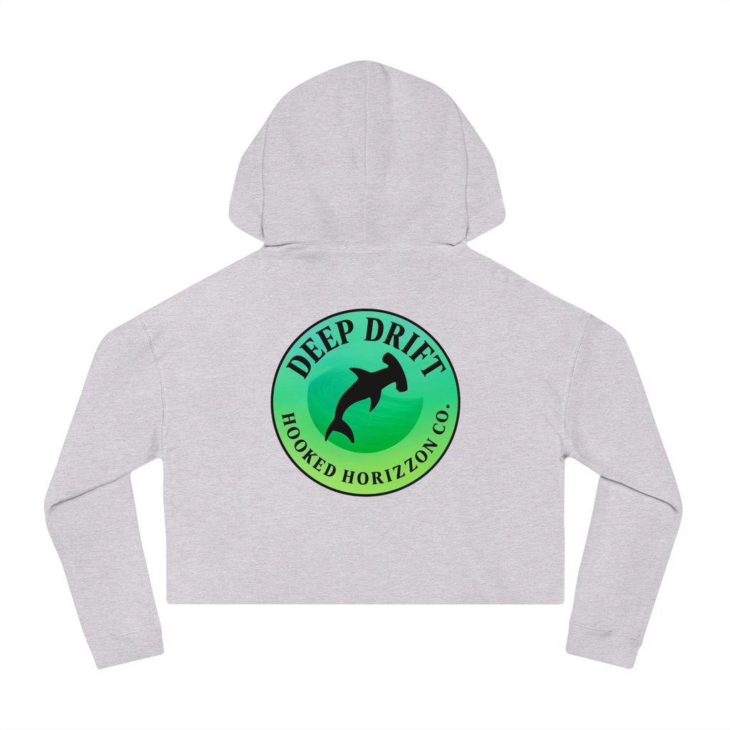 Green Hammer Head Shark Cropped Hoodie — "Deep Drift on the Water" Fishing Graphic