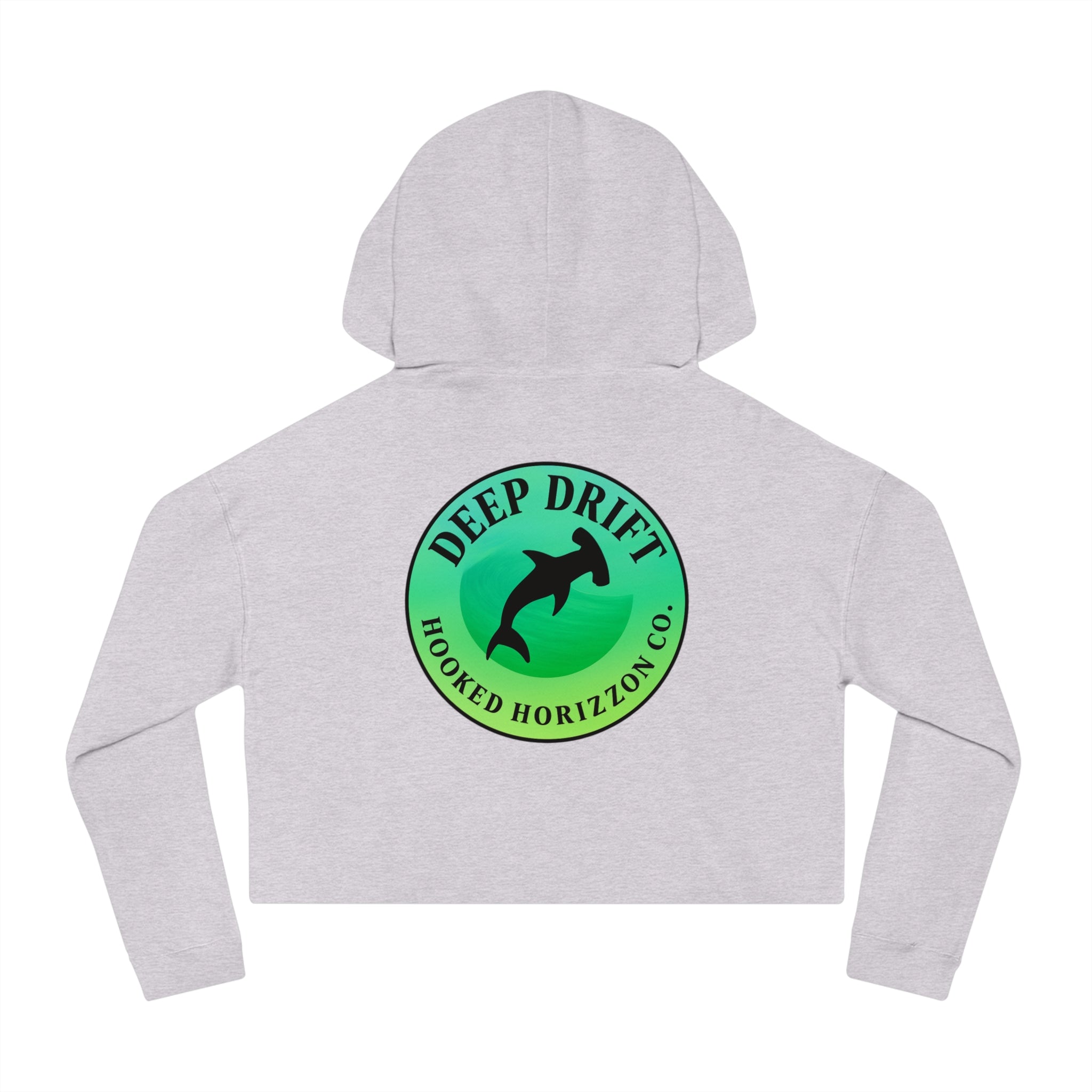 Green Hammer Head Shark Cropped Hoodie — "Deep Drift on the Water" Fishing Graphic