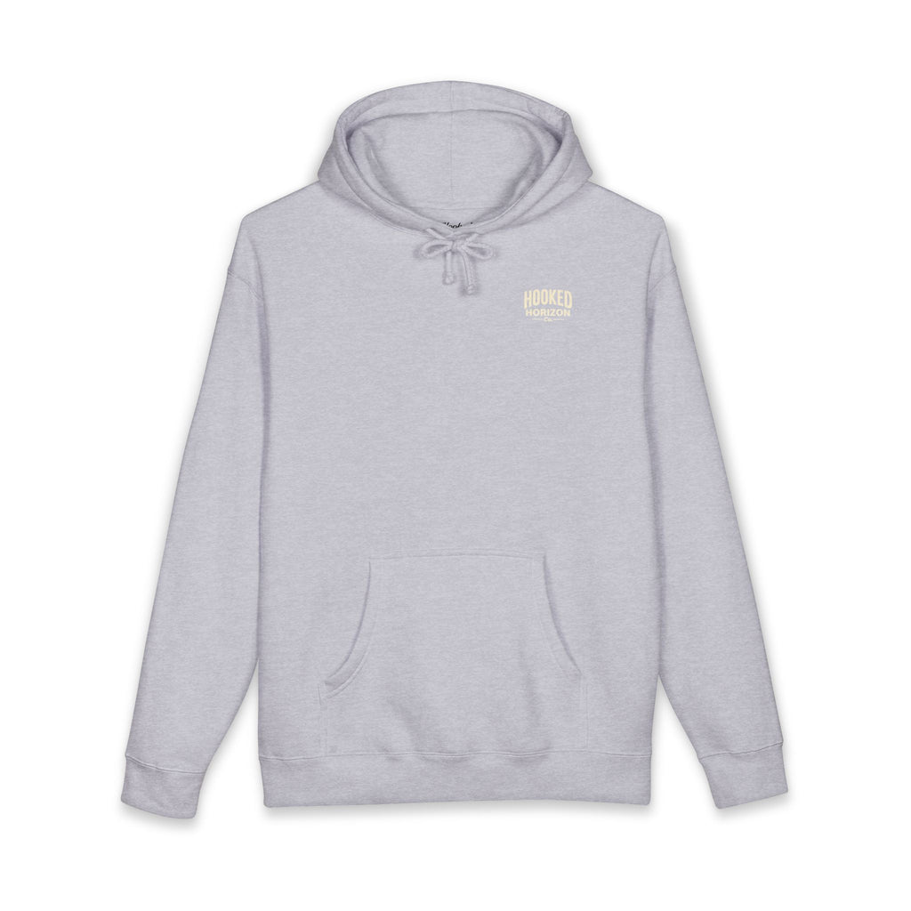 Dog & Sunset Hoodie Hooked Horizon Co. — Minimal Fishing Back Graphic Hoodie, Multiple Color Variations