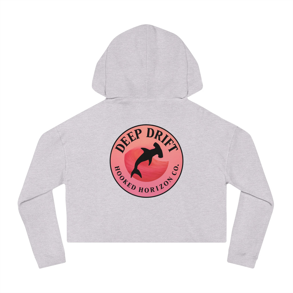 Pink & Red Hammer Head Shark Cropped Hoodie - "Deep Drift" Fishing Logo Cropped Hooded Sweatshirt