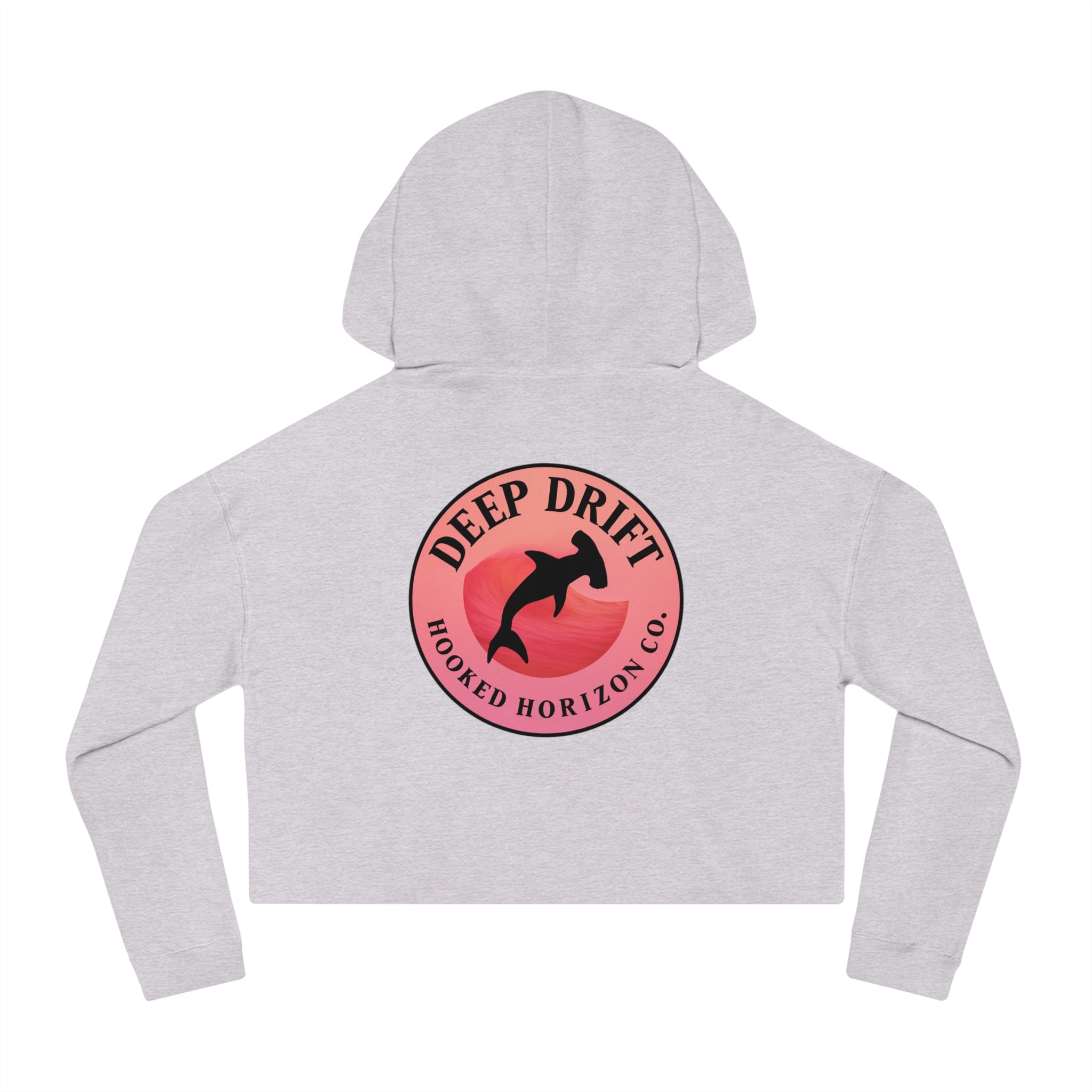 Pink & Red Hammer Head Shark Cropped Hoodie - "Deep Drift" Fishing Logo Cropped Hooded Sweatshirt