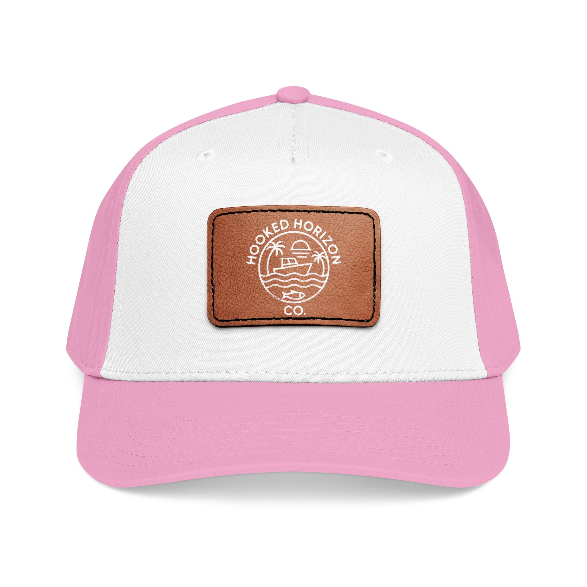 Hooked Horizon Co. 80s Inspired Logo–Leather Patch Baseball Cap — Hooked Horizon Co. Fishing Boat, Multiple Color Variations