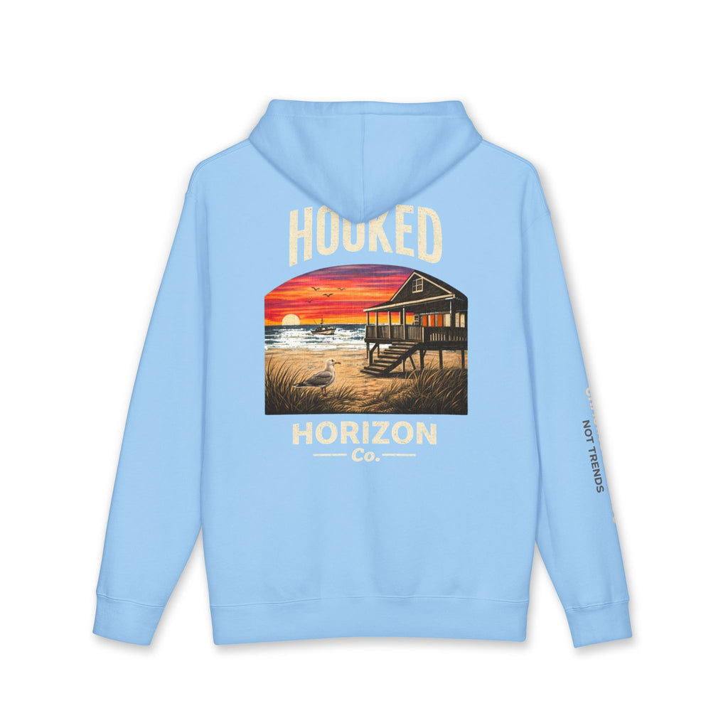 Seagull & Red Sunset Hoodie Hooked Horizon Co. — Minimal Fishing Back Graphic Hoodie, Multiple Color Variations
