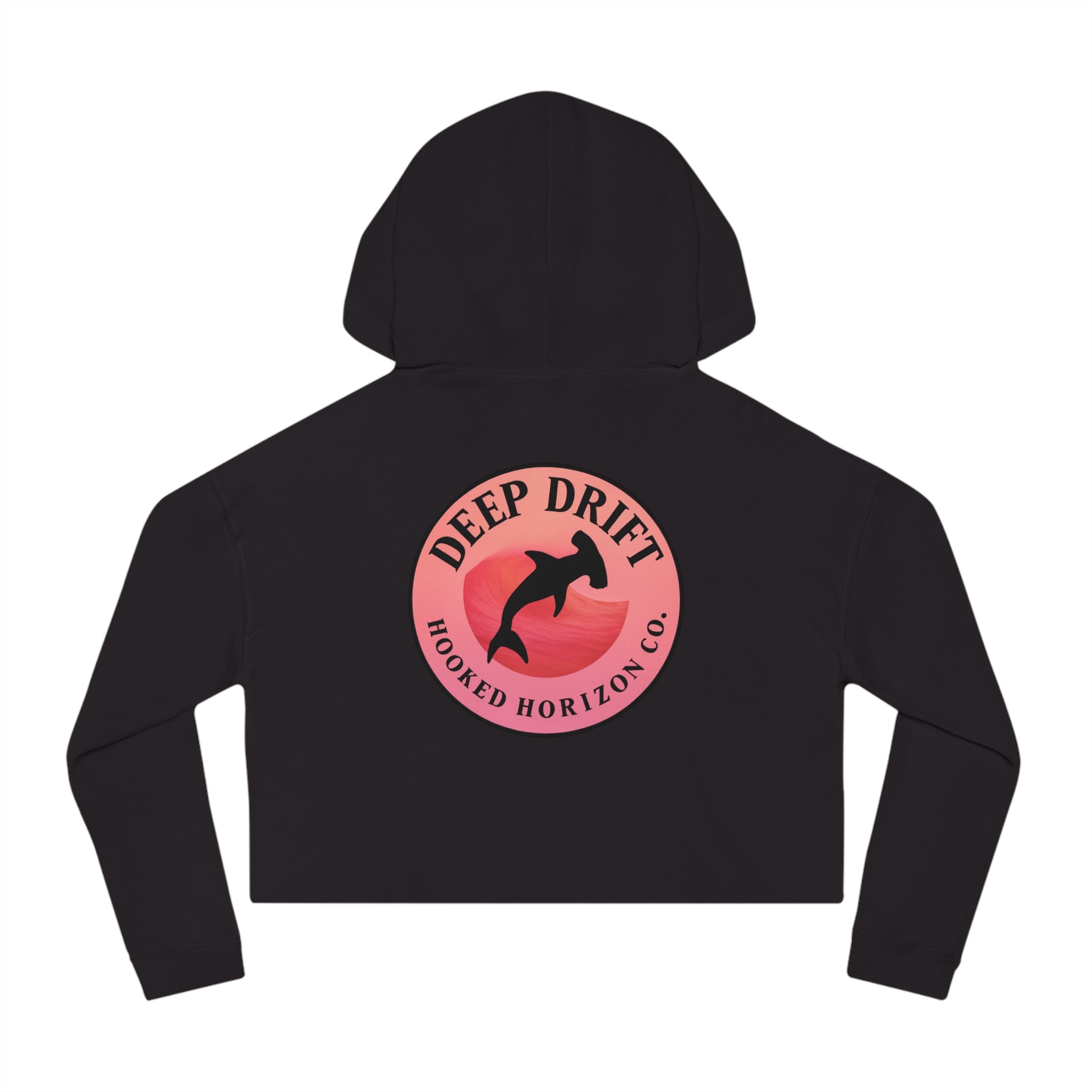 Pink & Red Hammer Head Shark Cropped Hoodie - "Deep Drift" Fishing Logo Cropped Hooded Sweatshirt