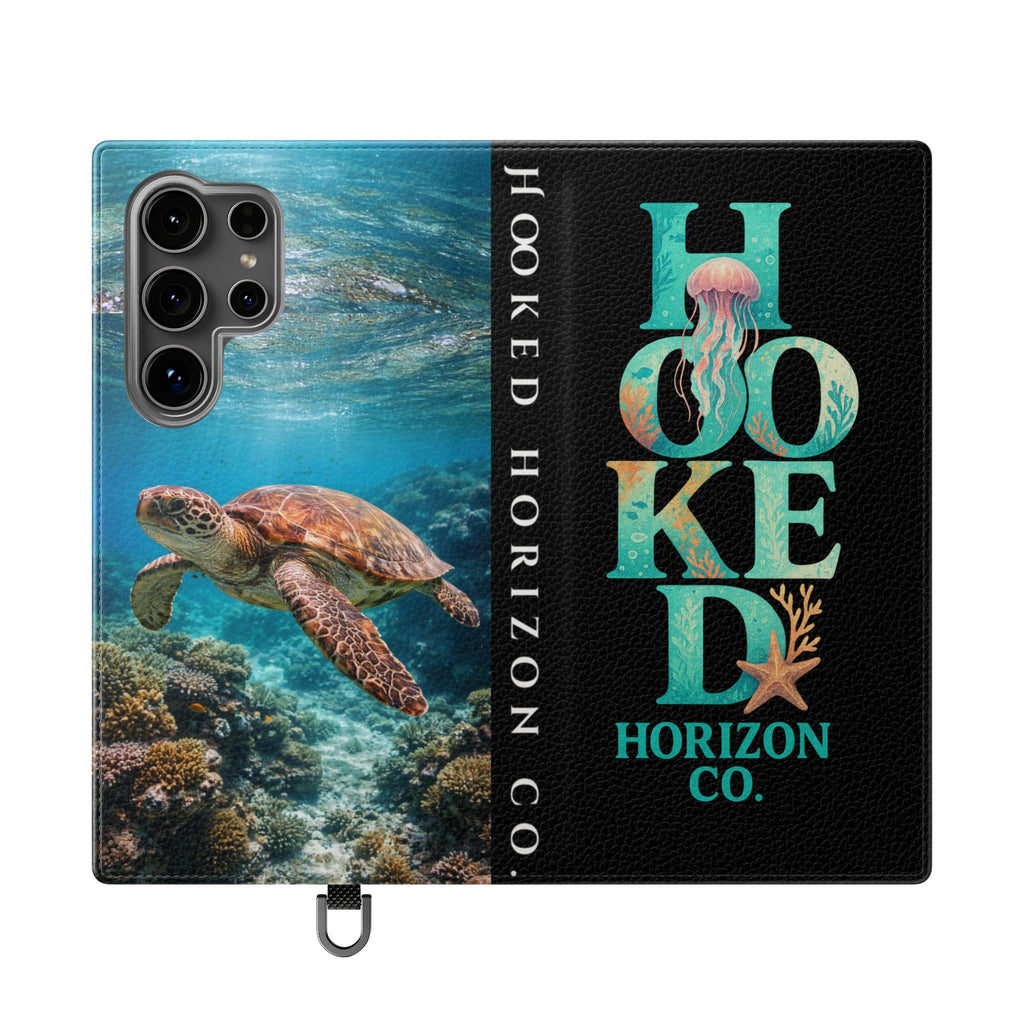 Turtle Hooked Horizon Co Flip Phone Case — Turquoise Water Pattern Wallet Cover