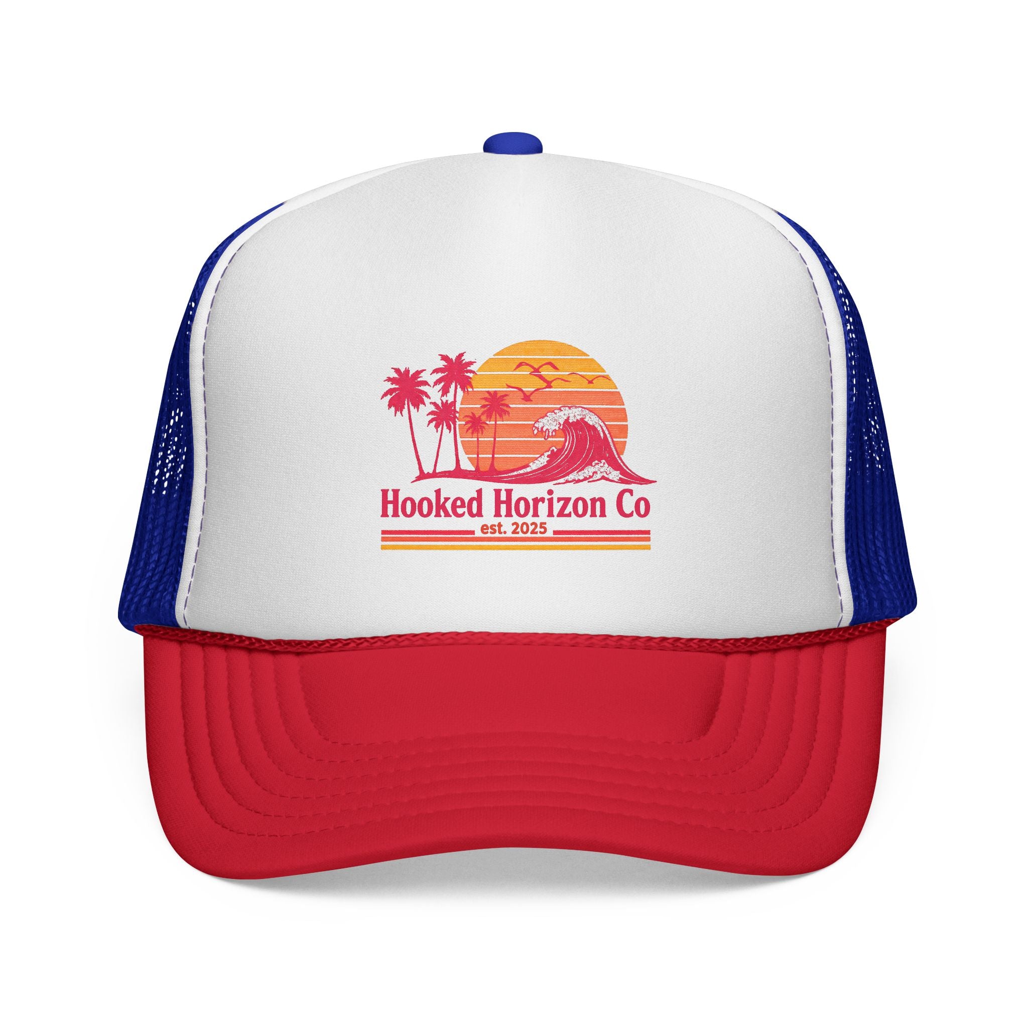 Hooked Horizon Co.  Wave, Sunset & Palm Tree 90s Inspired Trucker Cap — Outdoor & Beach Hat Ocean Conservation Gifts For Him & Her