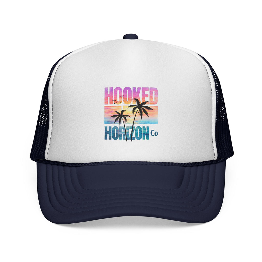 Hooked Horizon Co.  Sunset & Palm Tree 90s Inspired Trucker Cap — Outdoor & Beach Hat Ocean Conservation Gifts For Him & Her