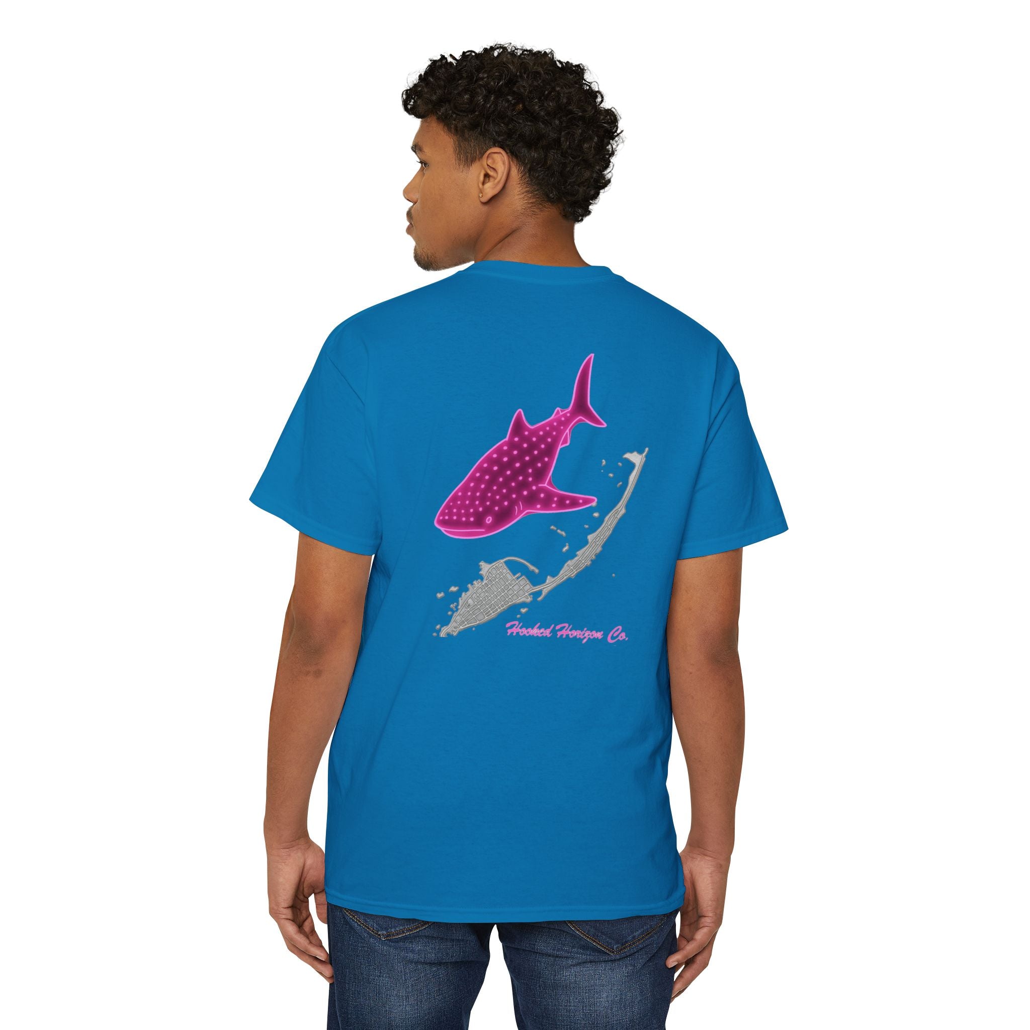 Neon Whale Shark Deep Drift Hooked HorizonCo.  Tee- Perfect for Angler and Fishing Gifts, For him, For Her Unisex Cotton T-Shirt for Fishing & Wildlife Enthusiasts, Ocean Lovers