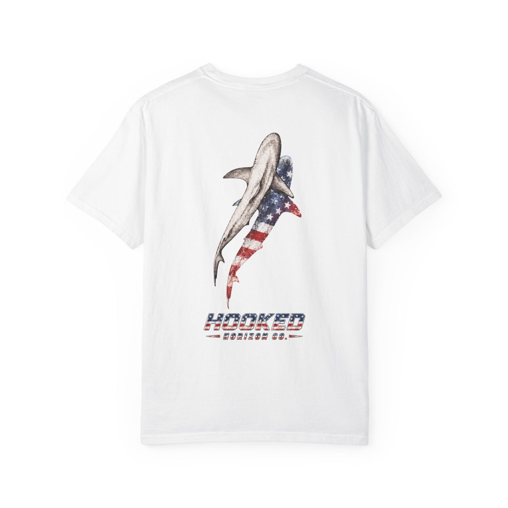 USA Shark Flag T-Shirt — "Hooked Horizon Co." American Fishing Graphic Tee